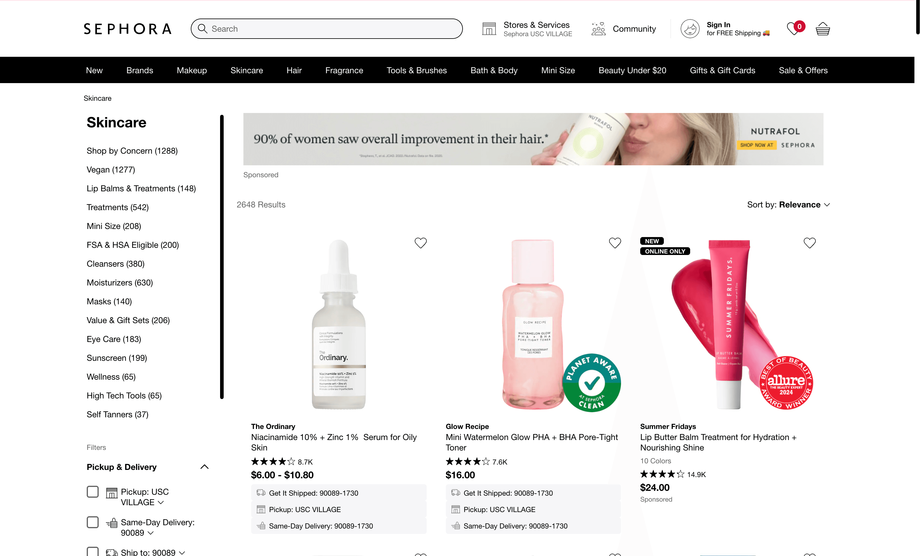Sephora SKU Listings Screenshot