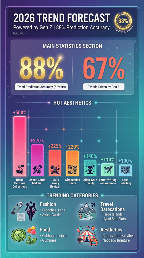 2026 trend forecast infographic highlighting Gen Z-driven trends, hot aesthetics, and trending categories in fashion, food, travel, and design.