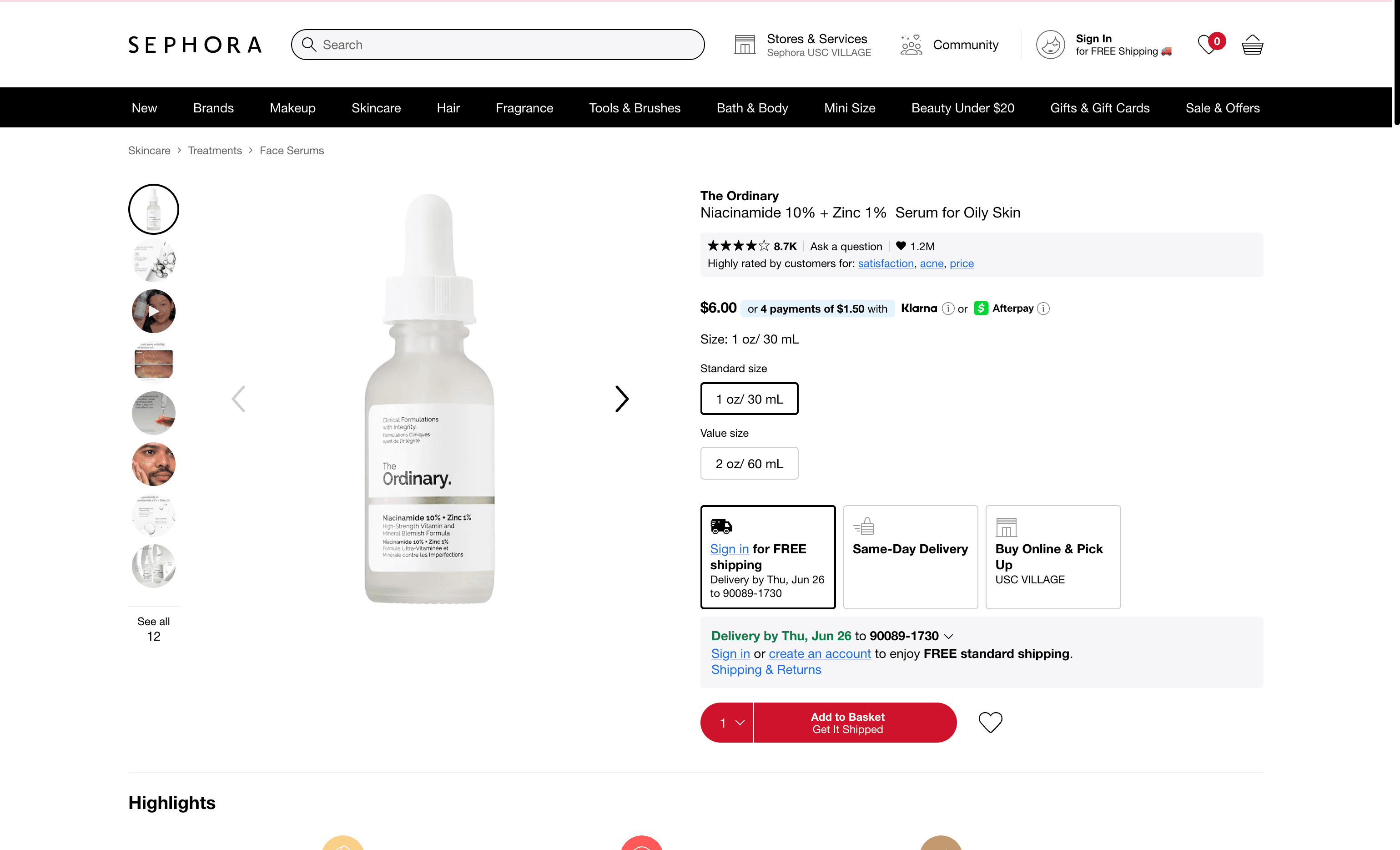 Sephora SKU Details Screenshot