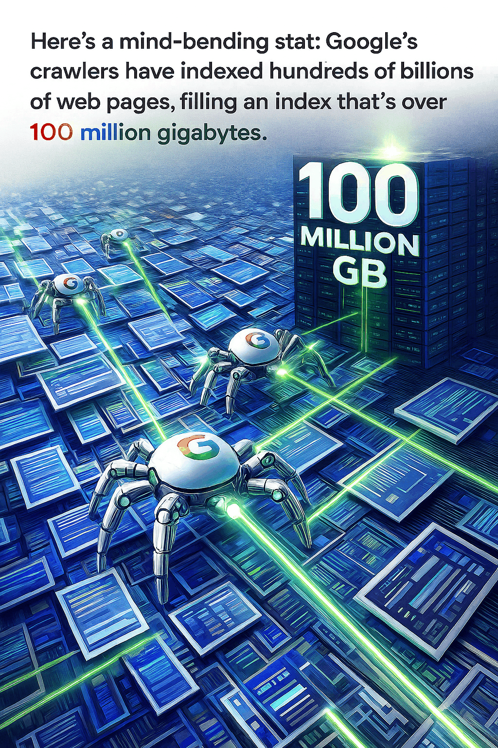 Illustration of four robotic spiders with Google logos crawling over digital web pages, connected by green lines to a large server labeled "100 MILLION GB," accompanied by explanatory text at the top.