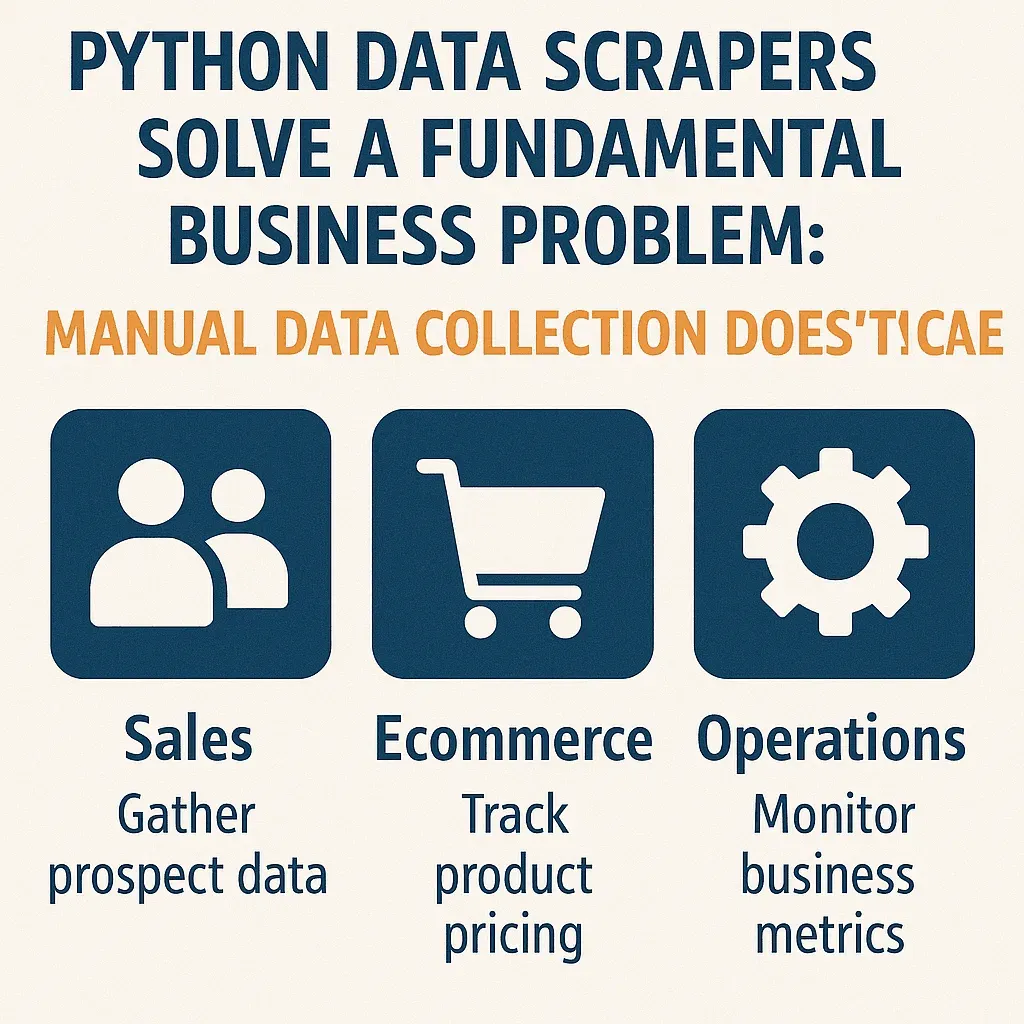 An infographic explains how Python data scrapers solve business problems in sales, ecommerce, and operations, with icons representing each category and brief descriptions below.