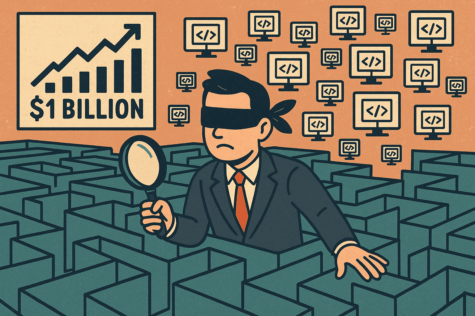 A blindfolded person in a suit holds a magnifying glass while navigating a maze, with computer monitors and a "$1 billion" growth chart in the background.
