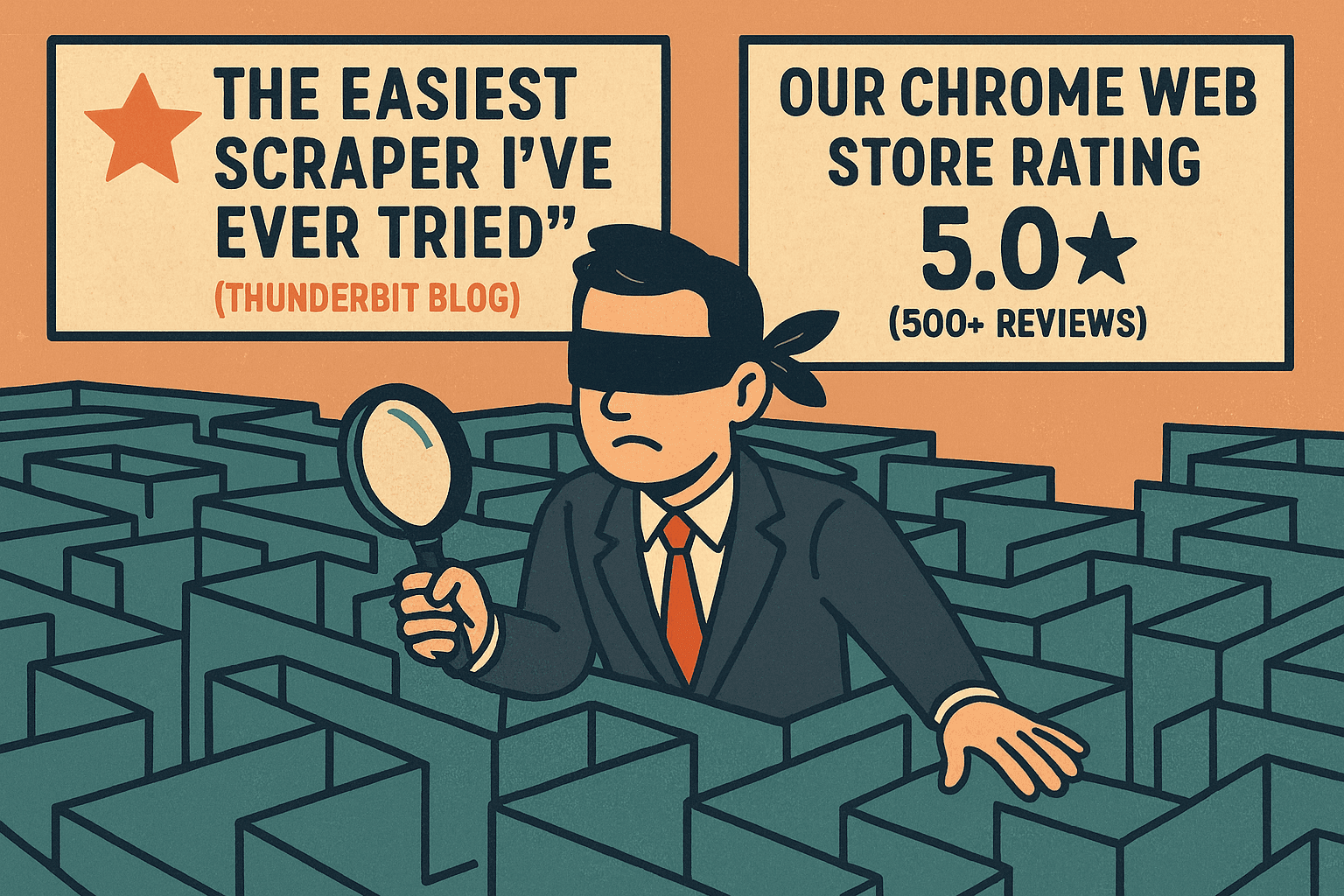 An illustration of a blindfolded person in a suit holding a magnifying glass while navigating a maze, with two large review quote boxes above.