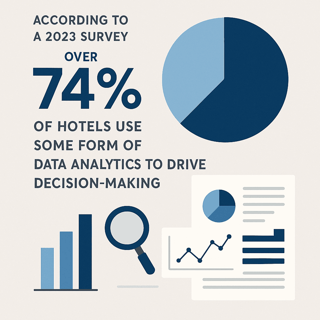 Infographic with text stating over 74% of hotels use data analytics for decision-making, accompanied by a pie chart, bar graph, magnifying glass, and document icons.