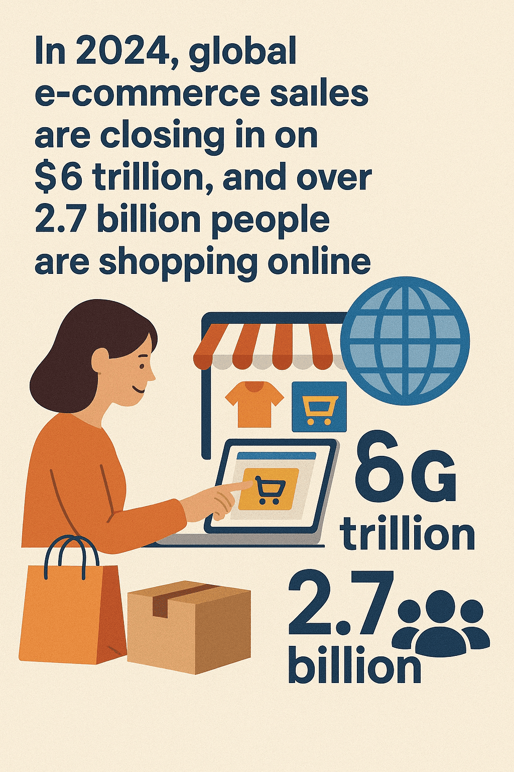 An illustration of a person shopping online with a tablet, a shopping bag, a package, a globe, and text about 2024 global e-commerce sales and users.