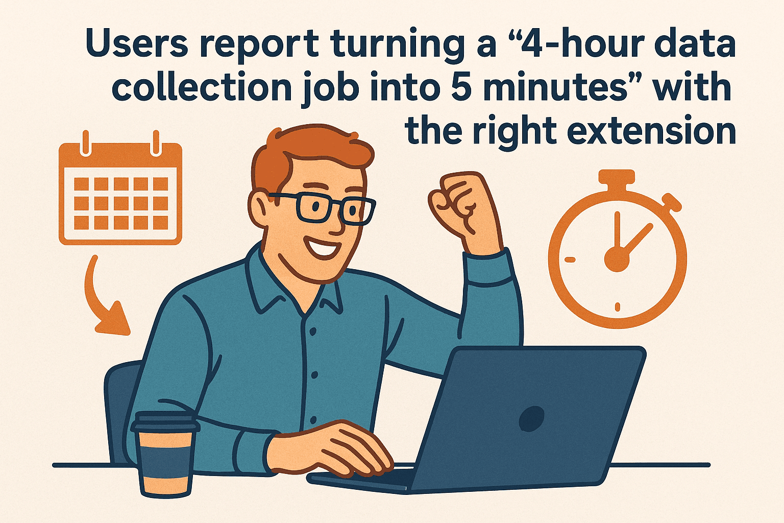 An illustrated person with glasses smiles and raises a fist while using a laptop, with a coffee cup, calendar, and stopwatch icons nearby, and text about speeding up data collection.