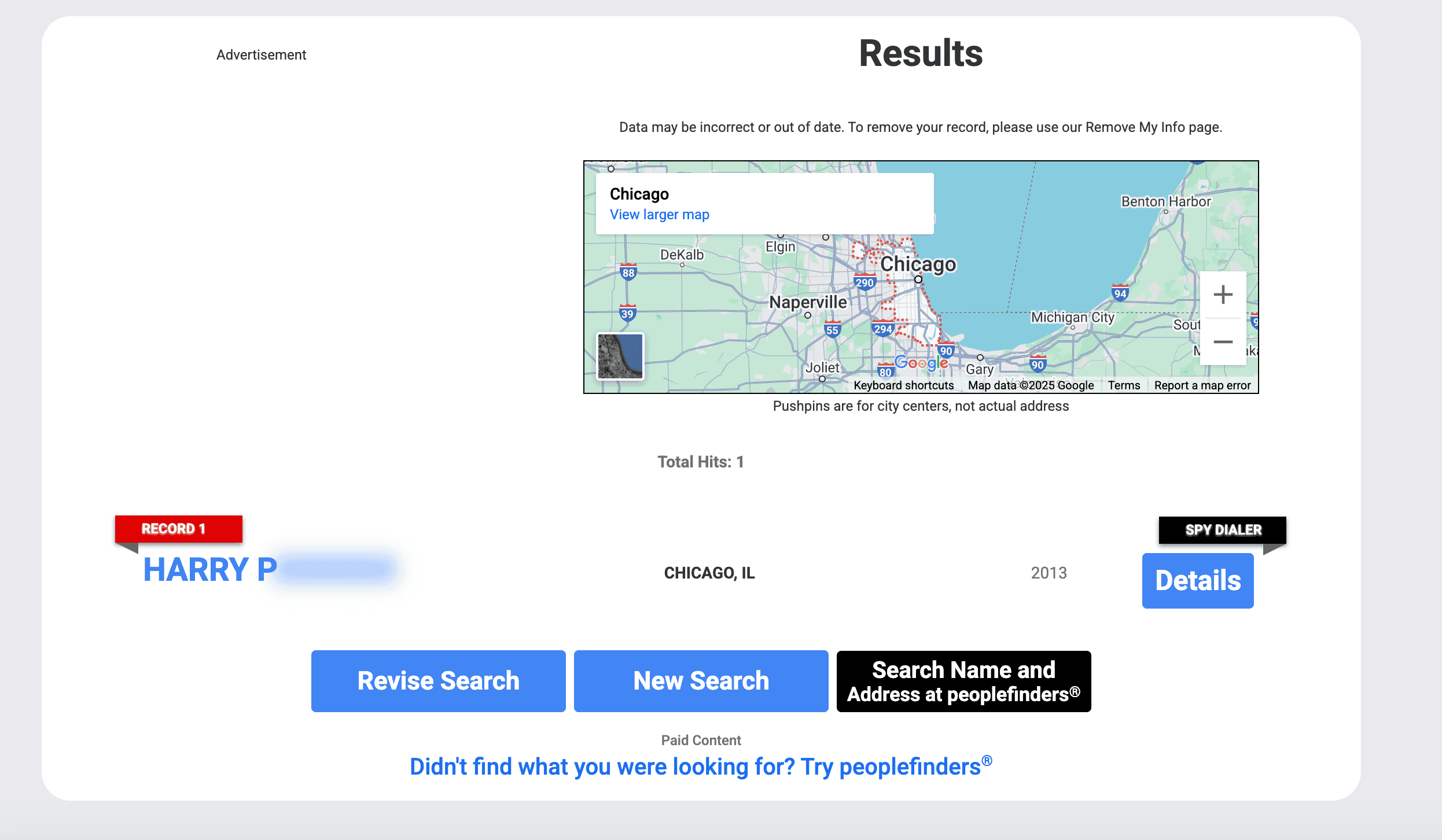 Name Search Result Screenshot