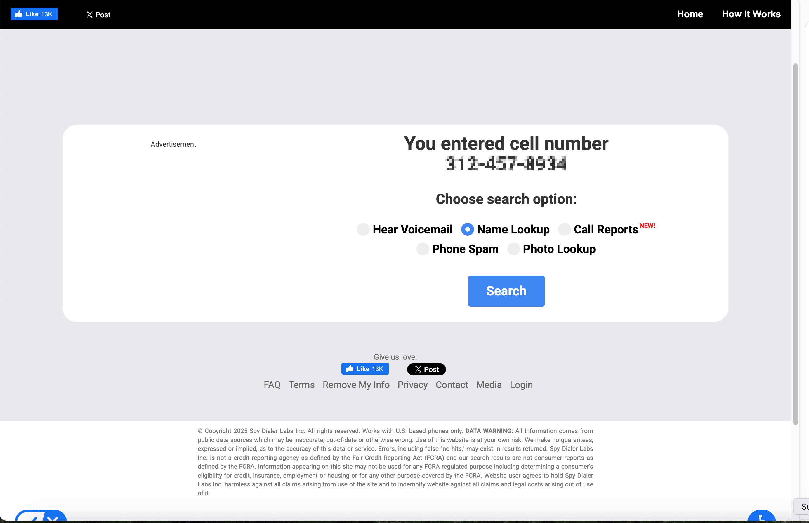 Number Search Result Screenshot