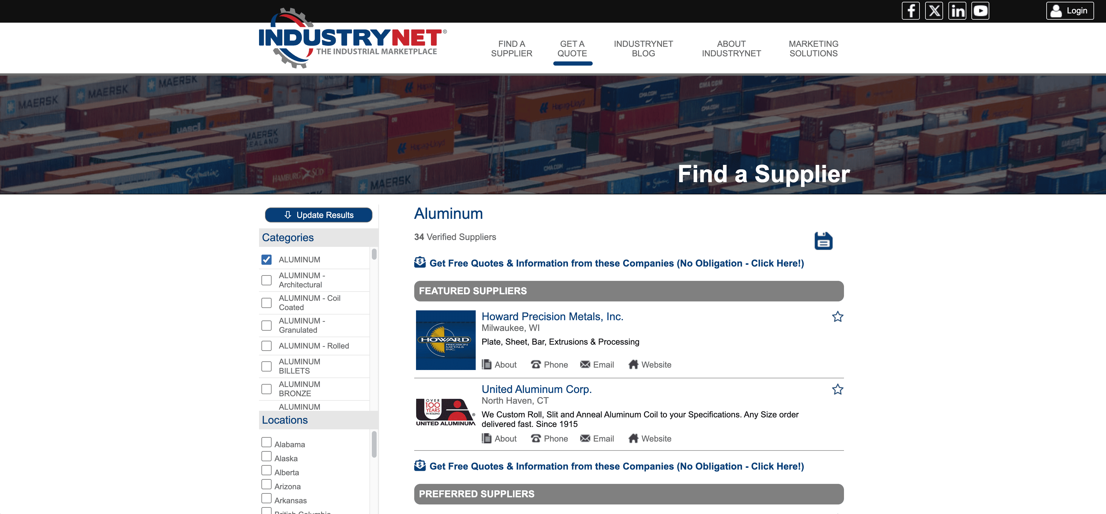Product Supplier Listing Screenshot