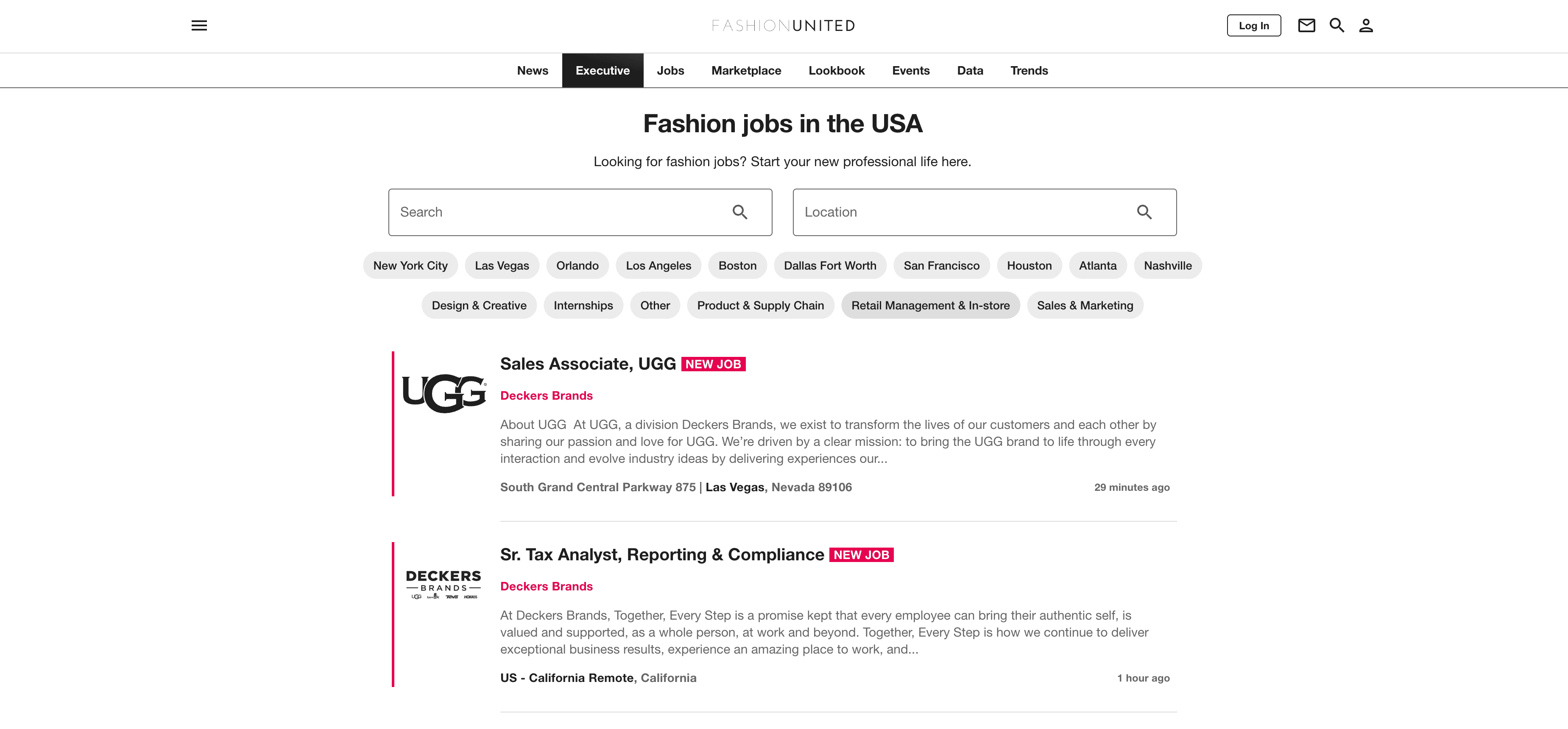 Capture d'écran de la page des offres d'emploi