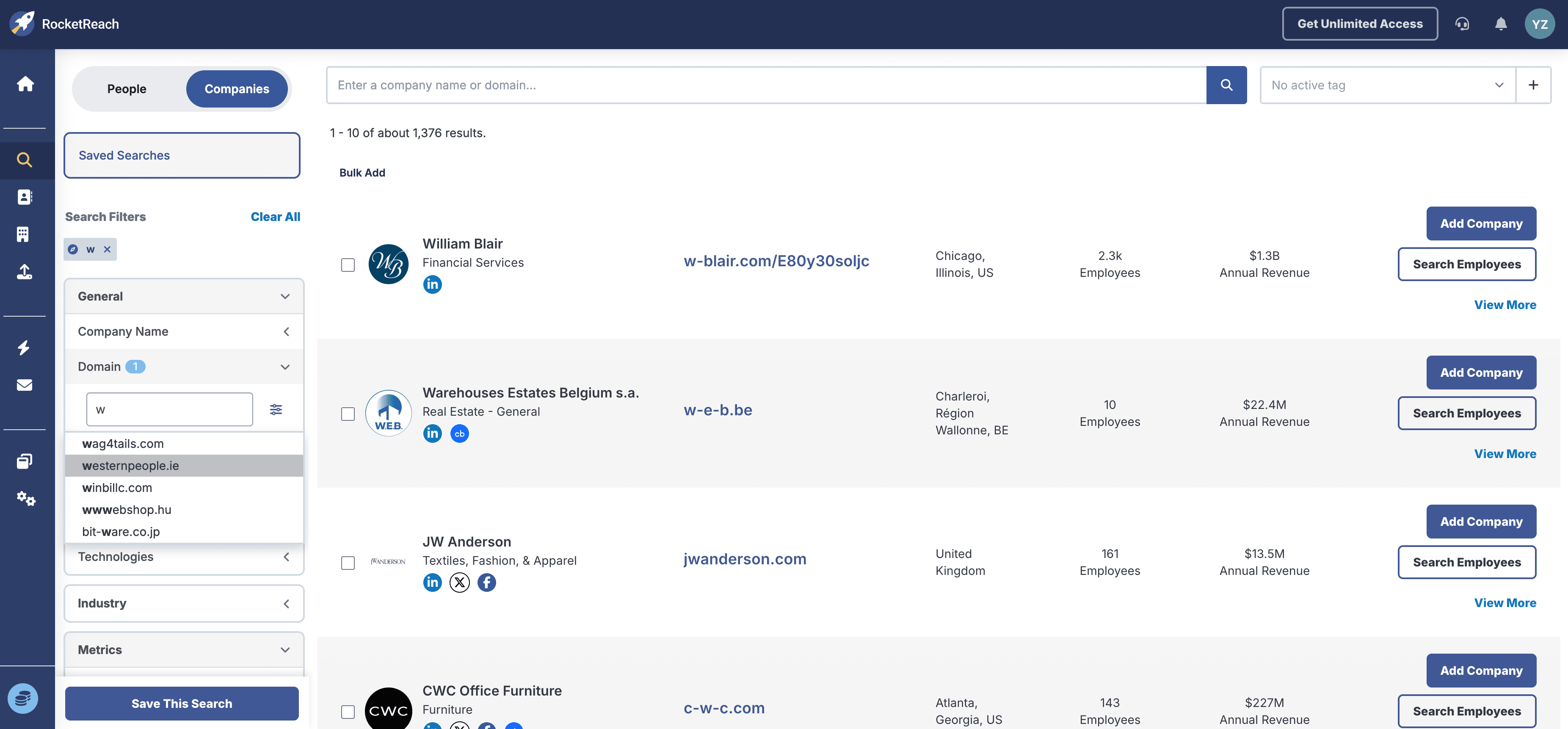 Company Search Result Screenshot