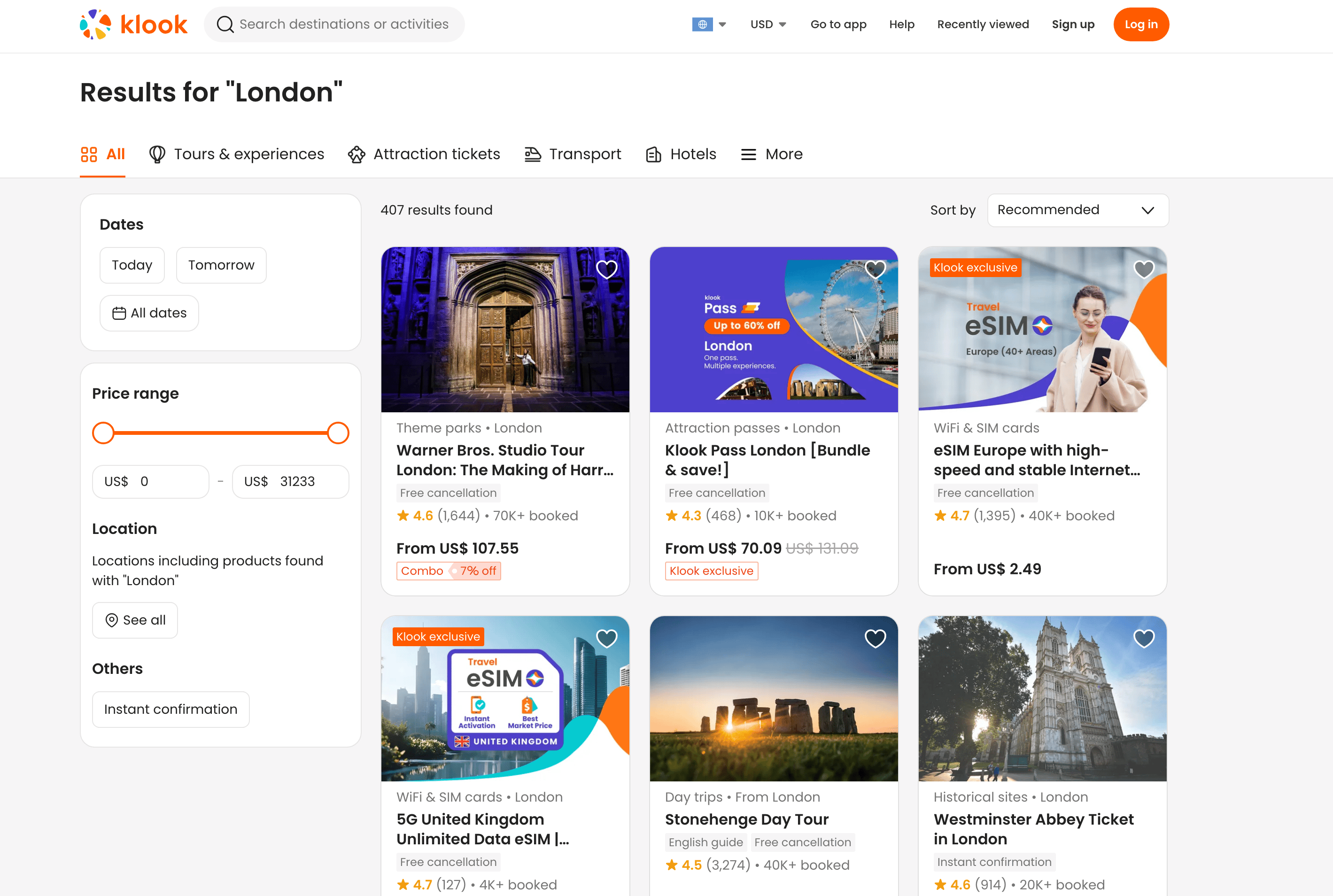 Activities Search Result Screenshot
