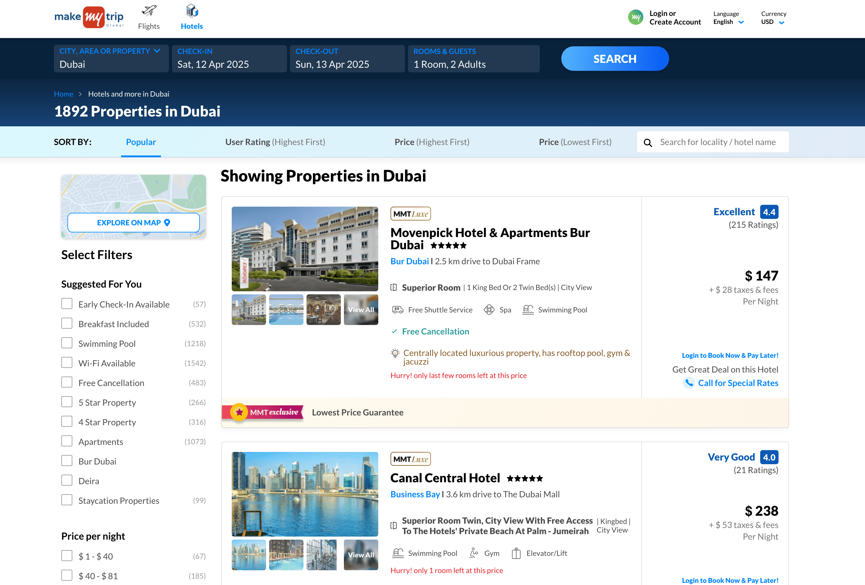 Captura de pantalla de Resultados de Búsqueda de Hoteles