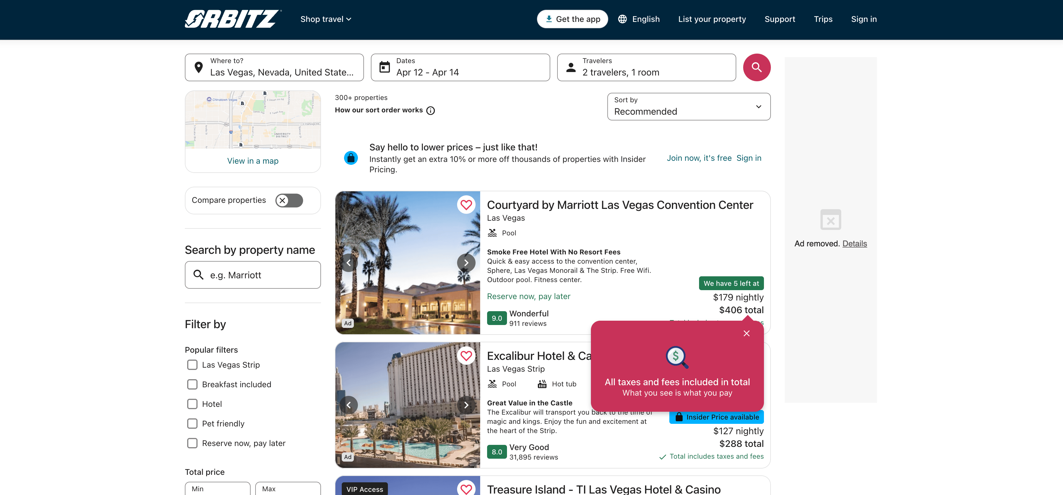 Captura de pantalla de resultados de búsqueda de hoteles