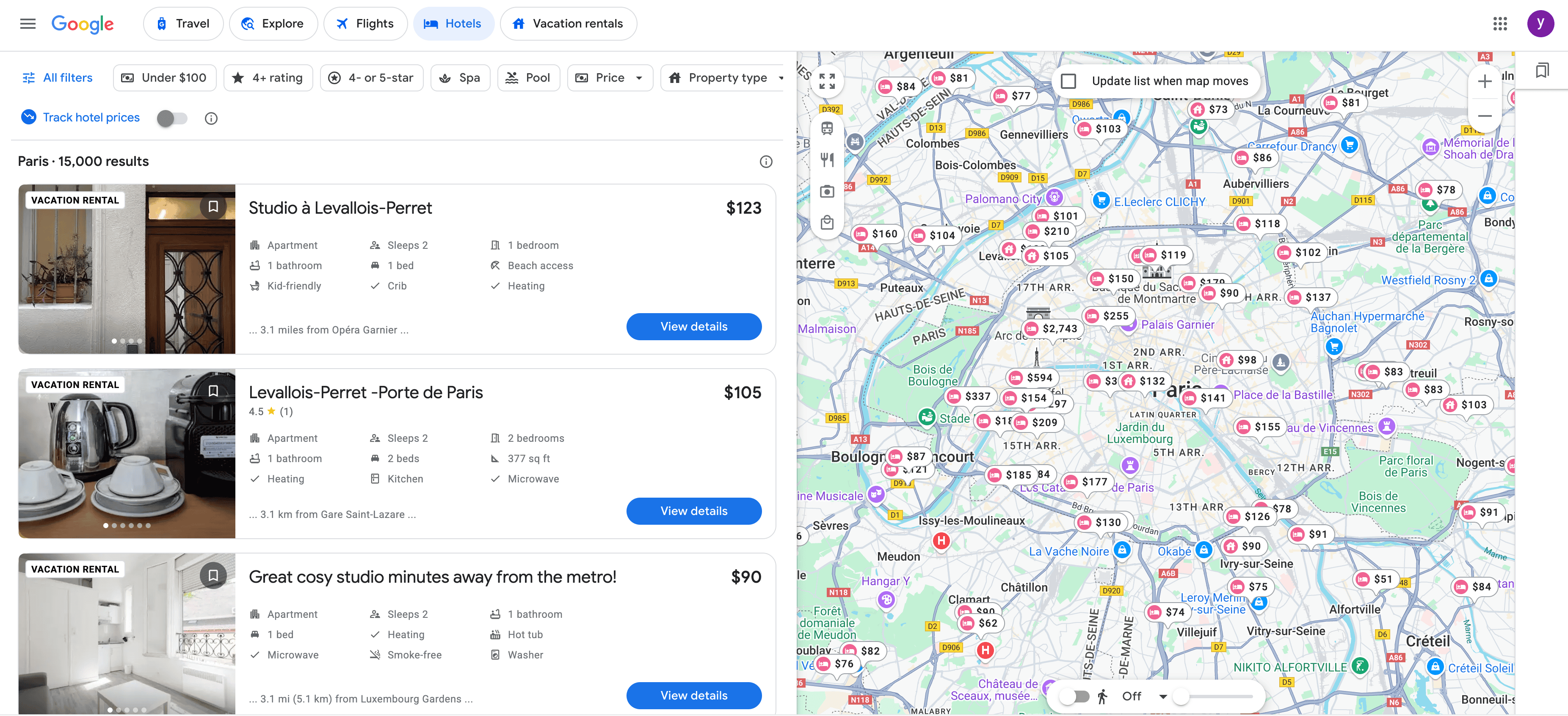 Capture d'écran des résultats de recherche d'hôtels