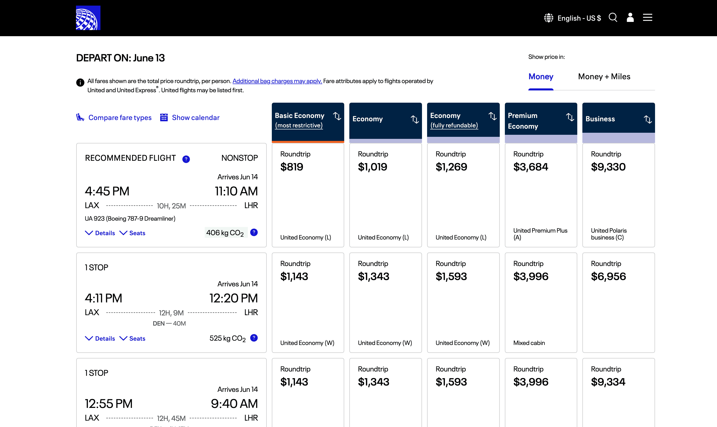Flight Search Result Screenshot