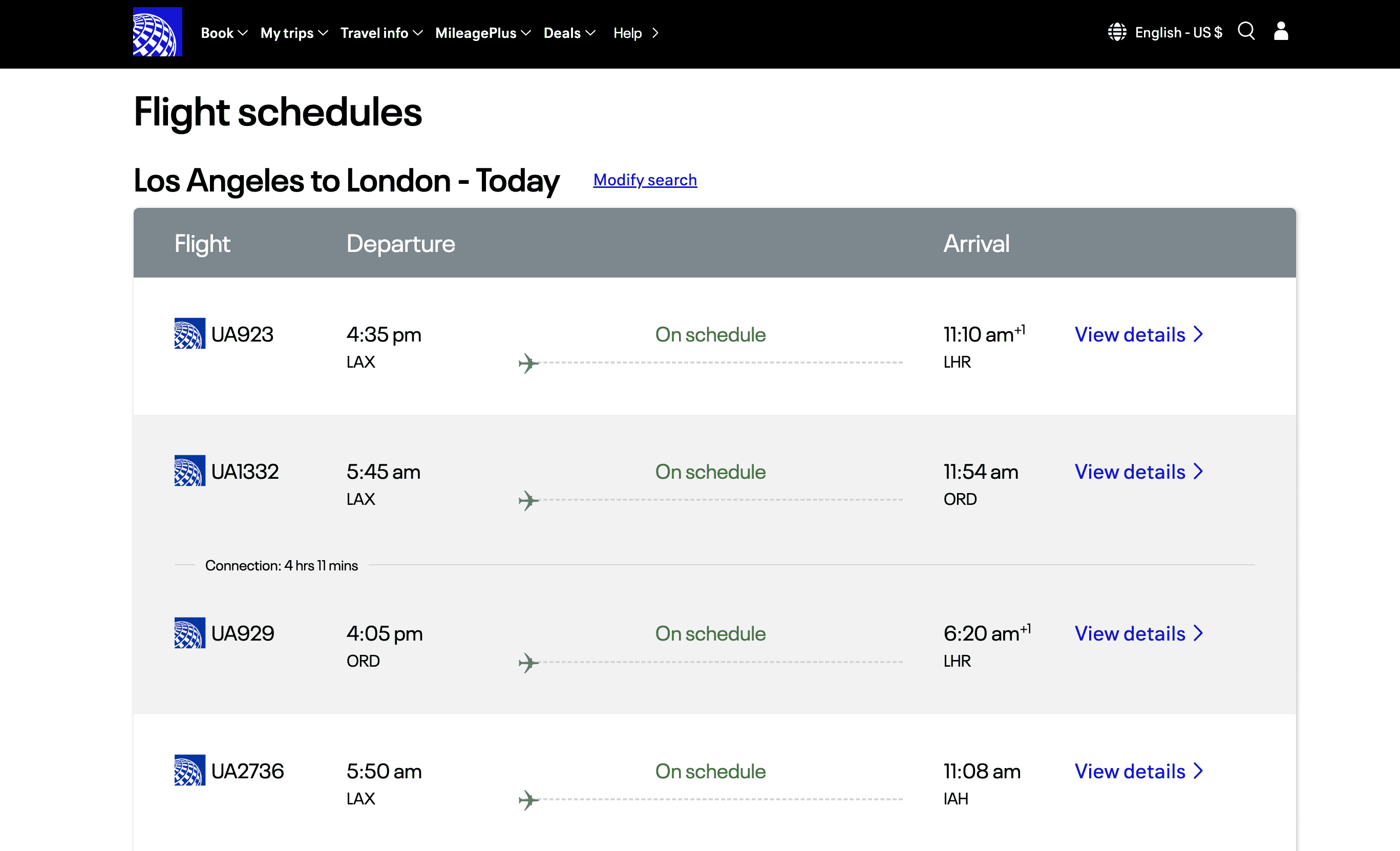 Flight Schedule List Screenshot