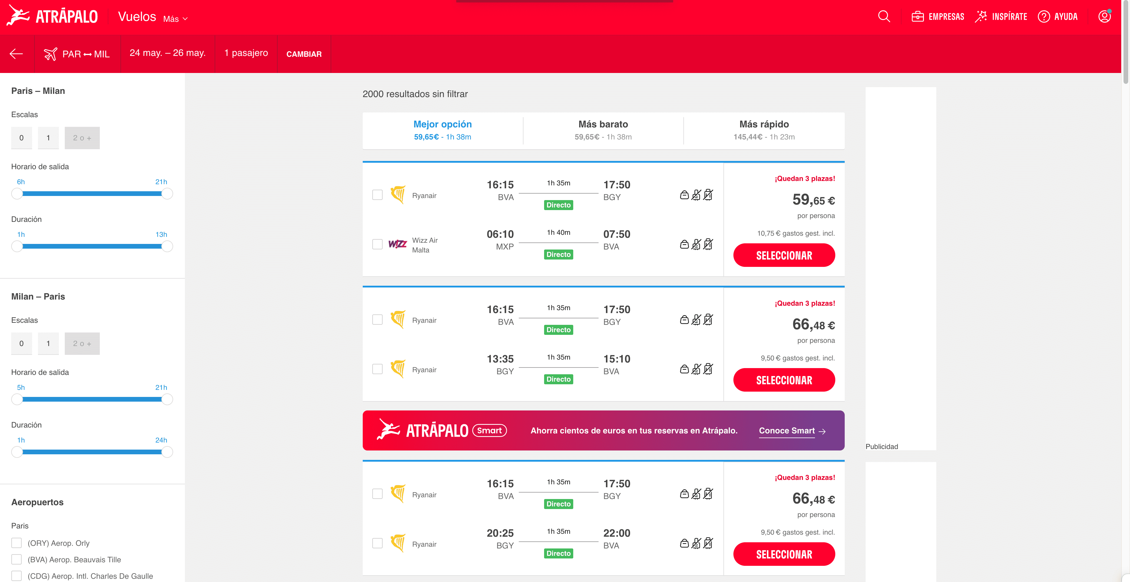 Captura de pantalla de Resultados de Búsqueda de Vuelos