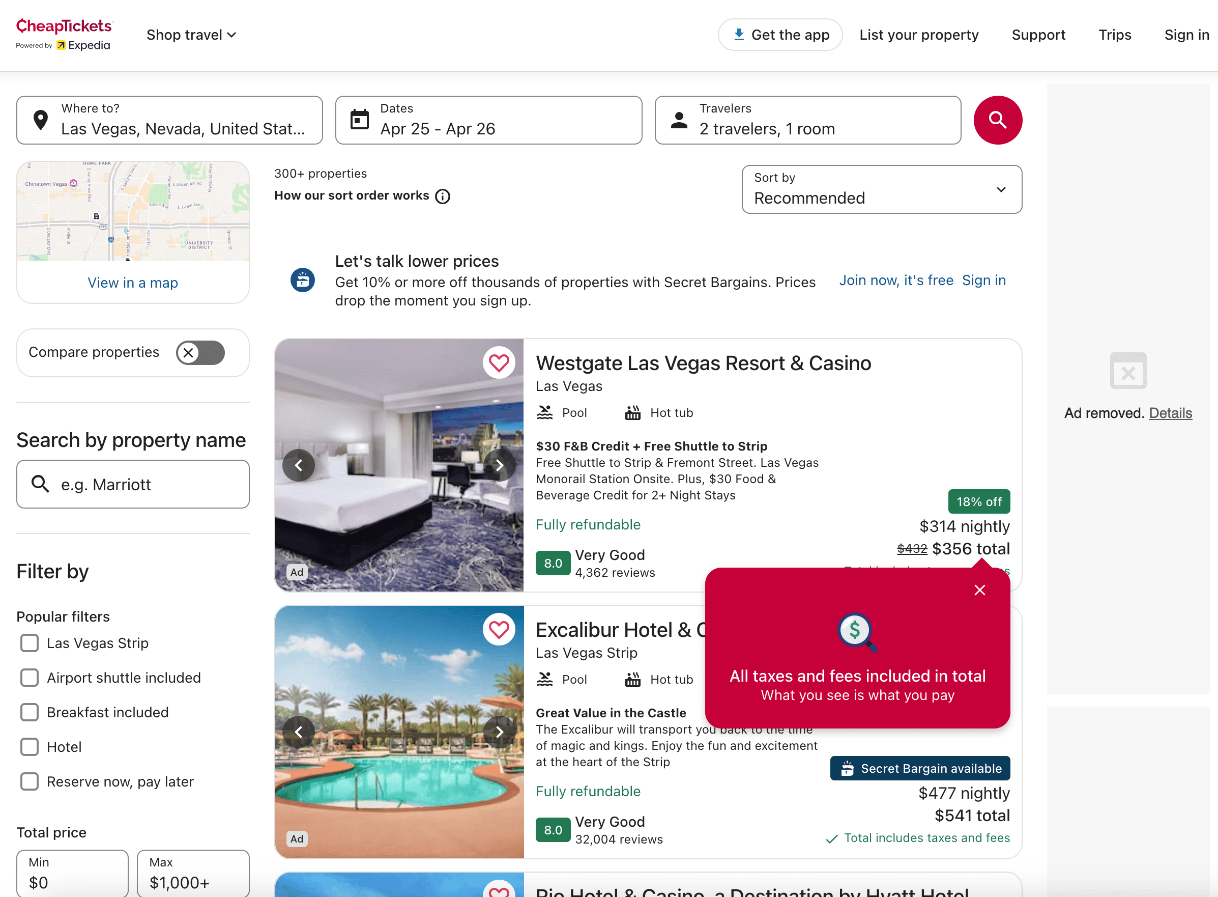 Hotels Search Result Screenshot