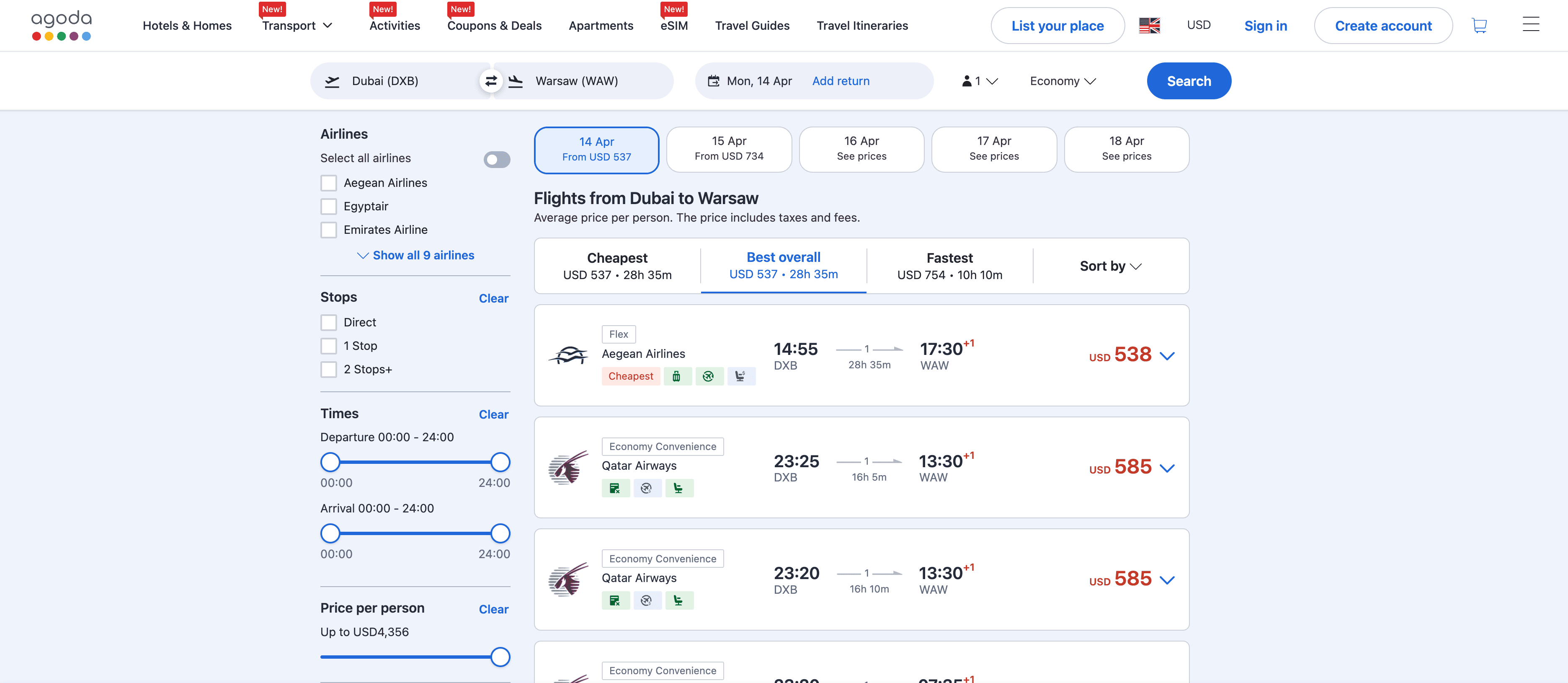 Flight Search Result Screenshot