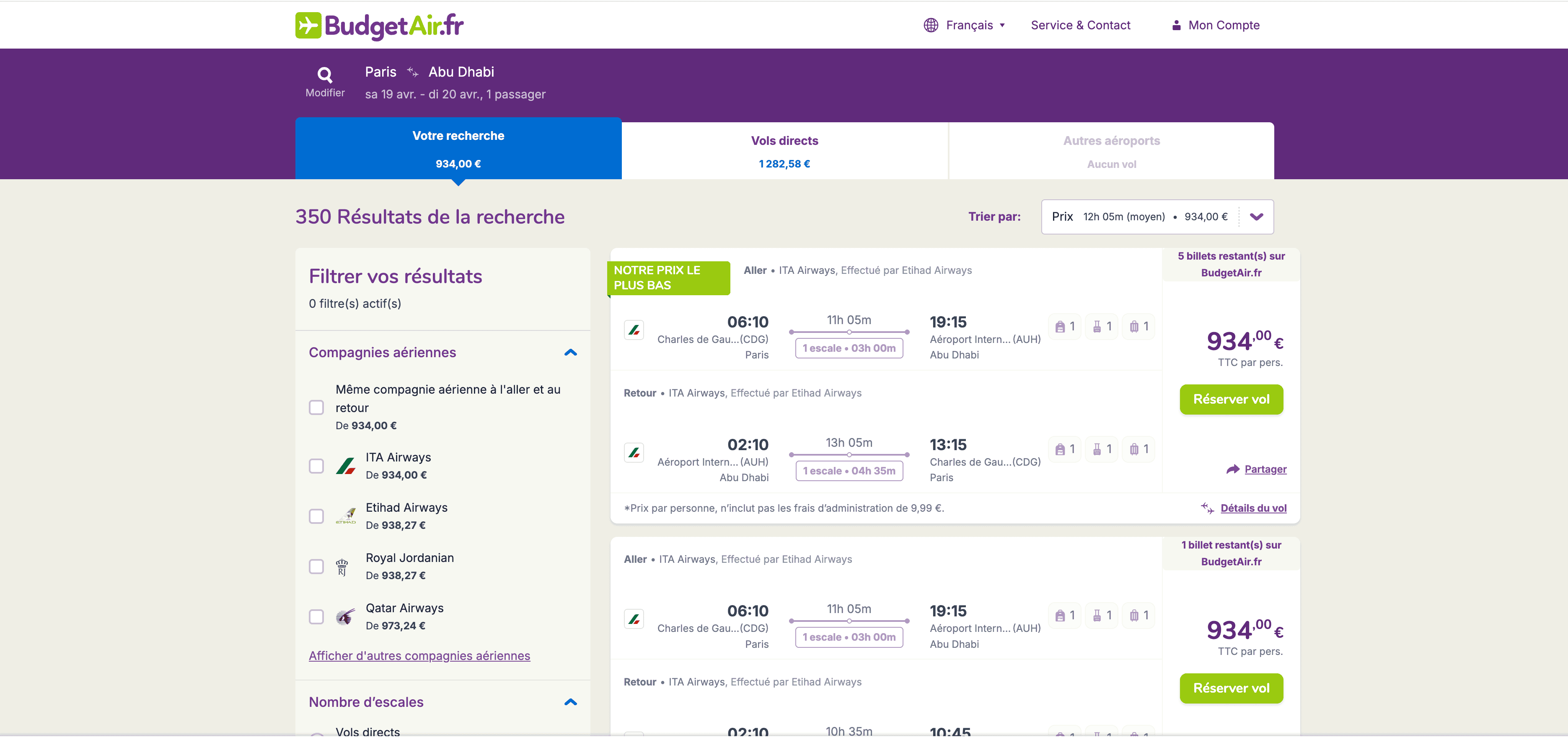 Flight Search Result Screenshot