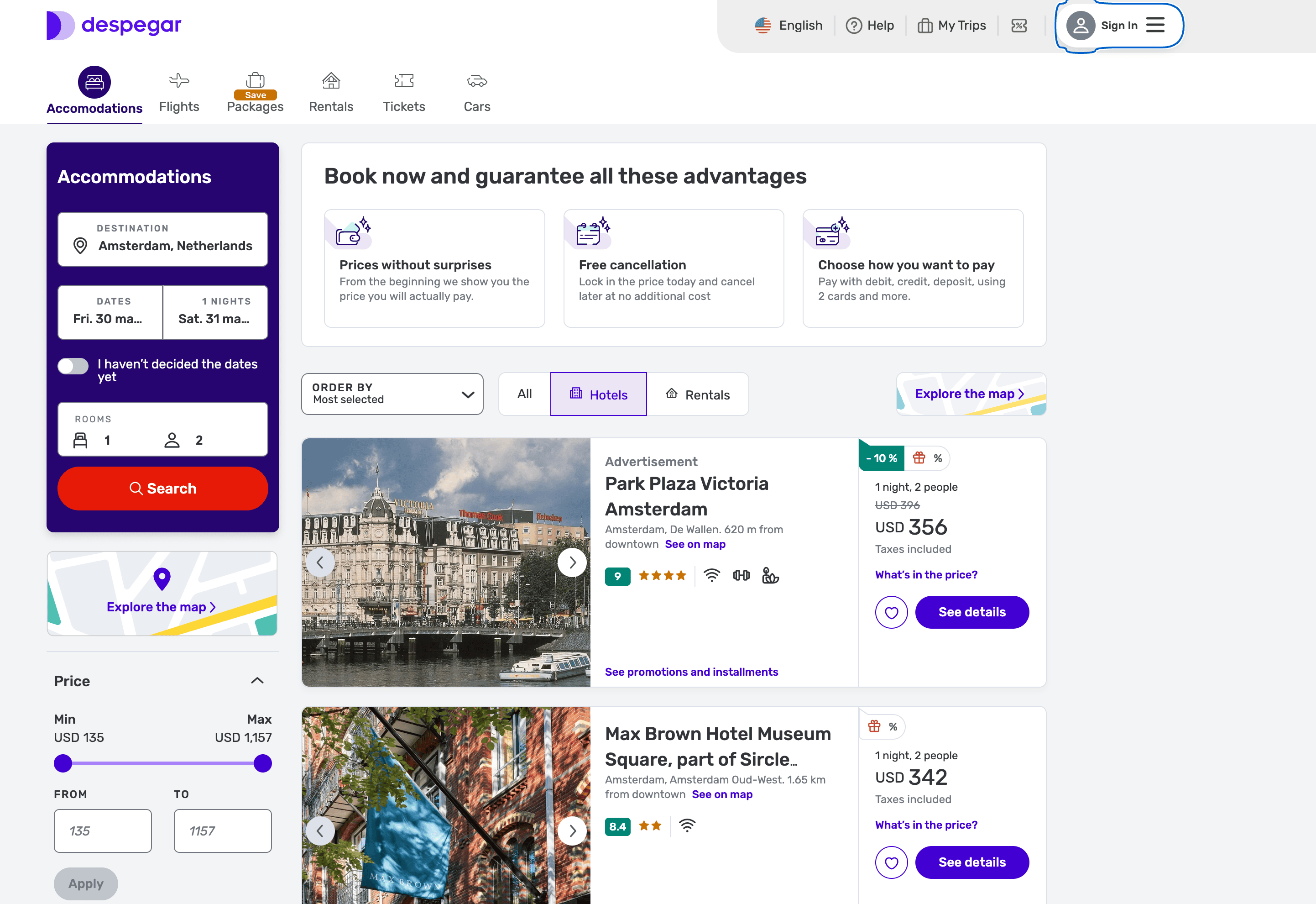 Hotel Search Result Screenshot