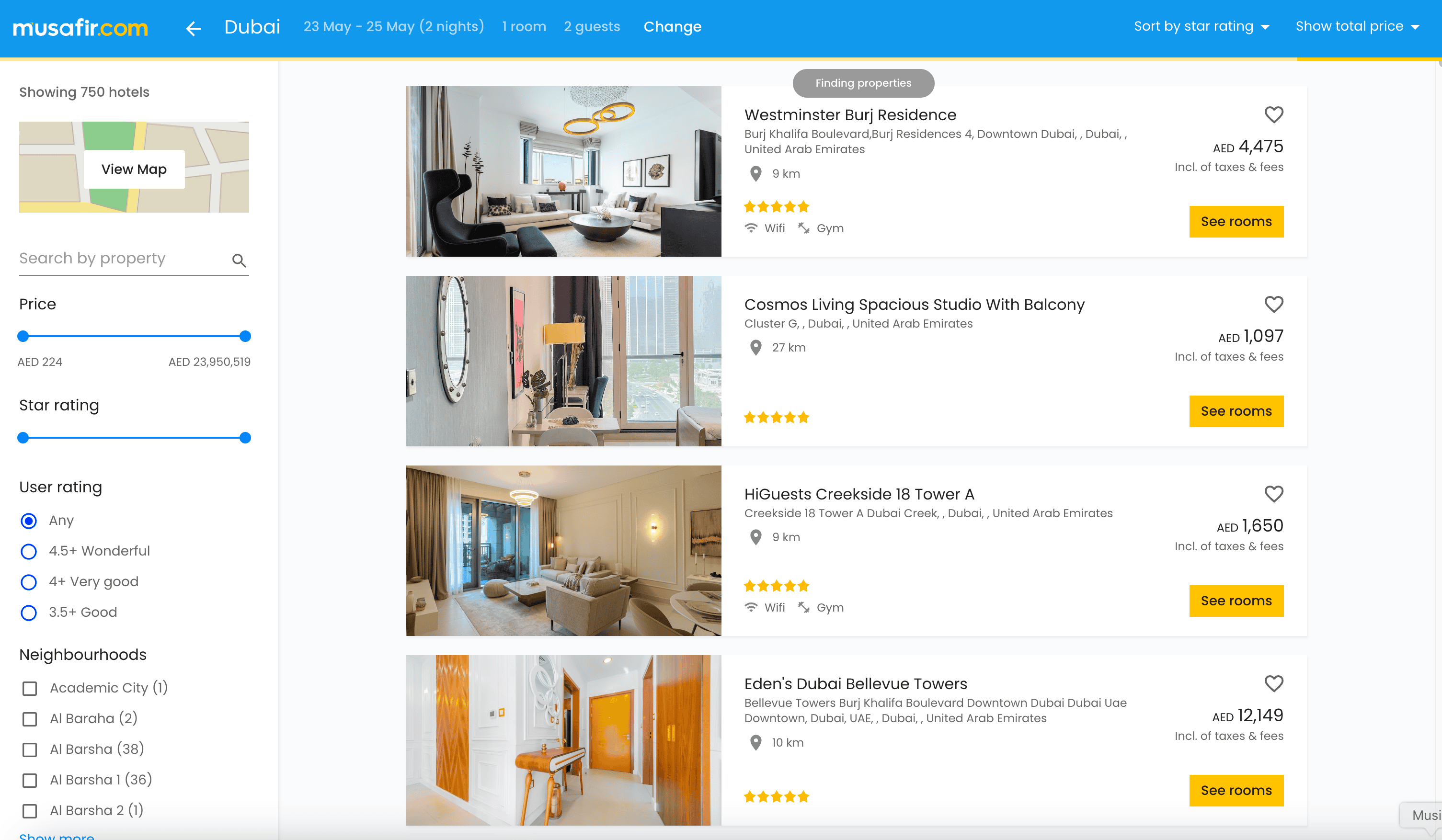 Musafir Hotel Search Screenshot
