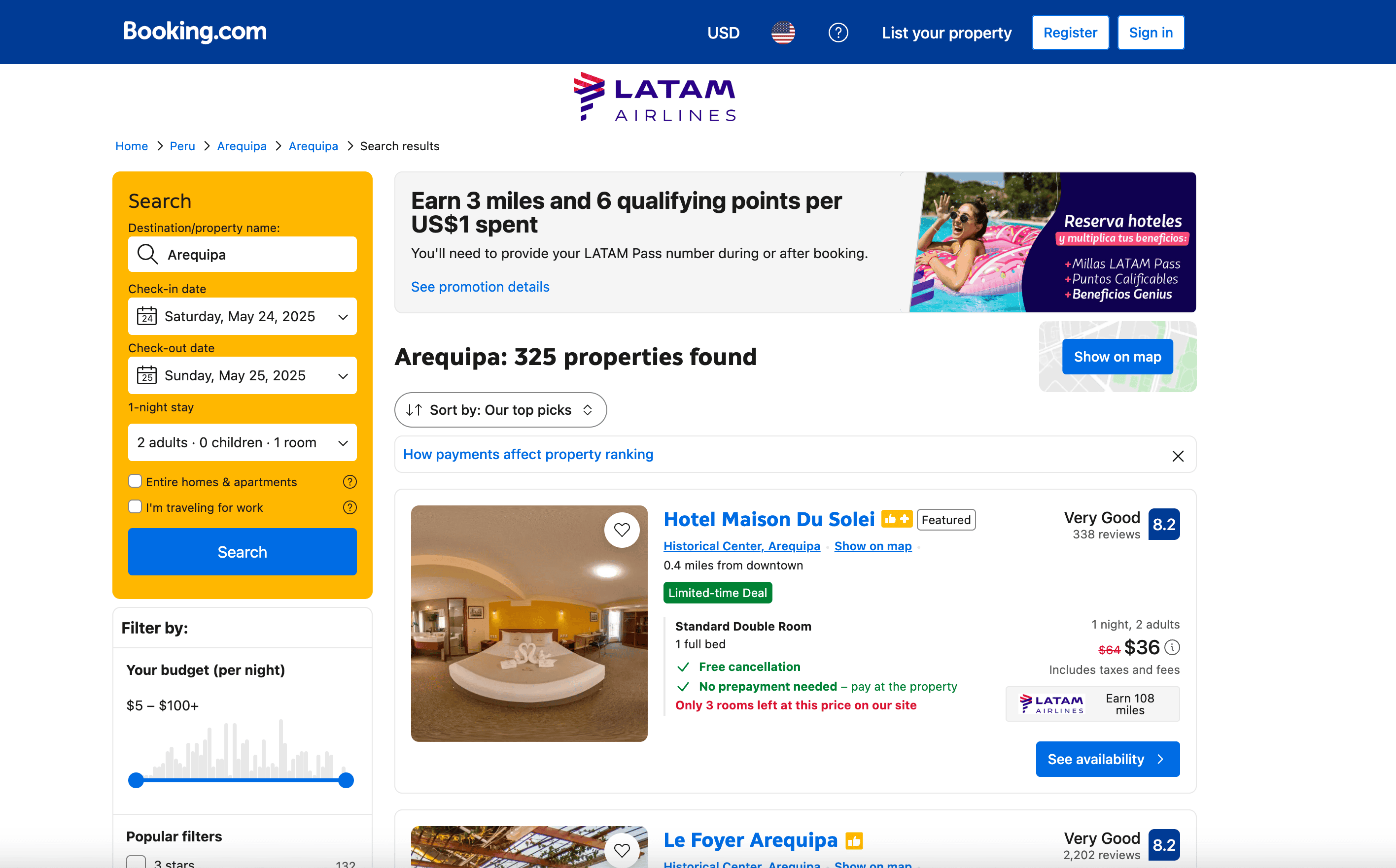LATAM Airlines 航班搜索截图