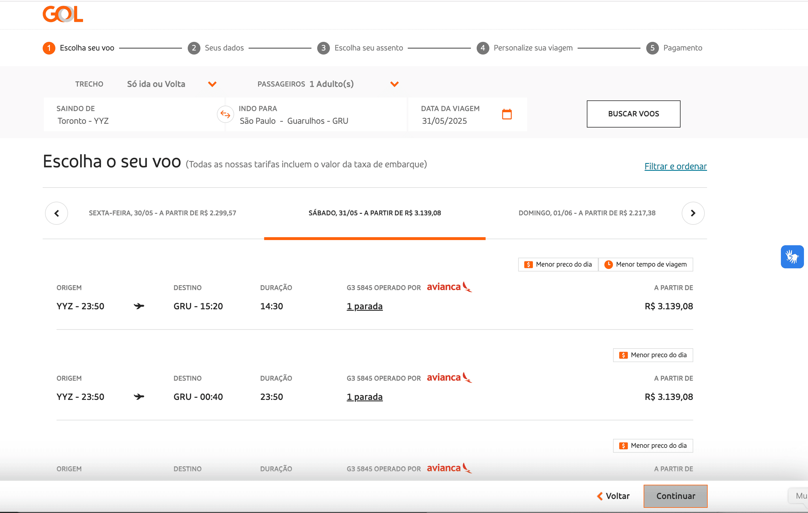 Flight Search Result Screenshot