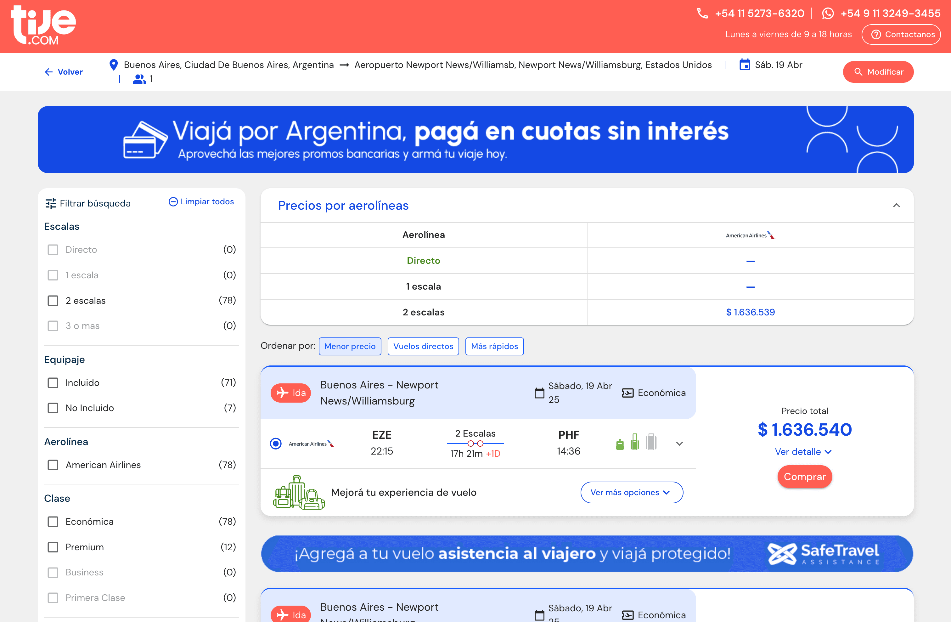 TIJE Flight Search Results Screenshot