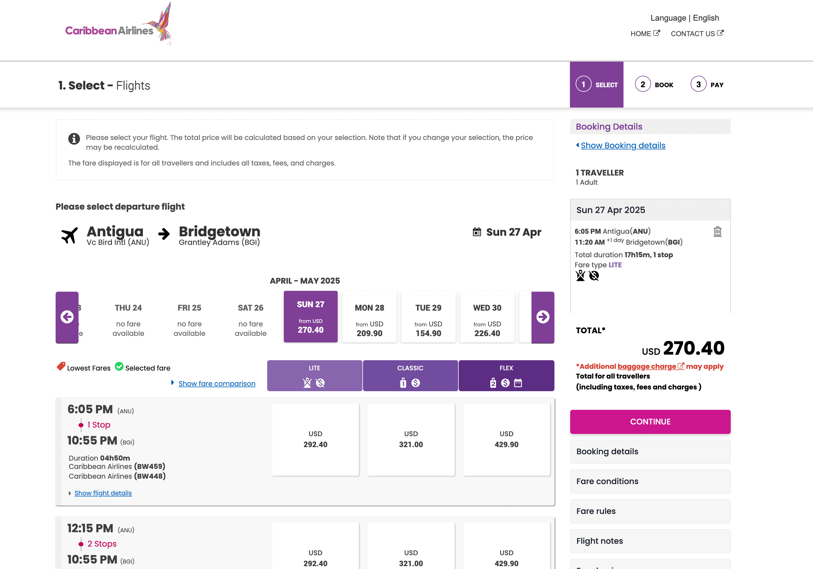 Caribbean Airlines Flight Search Results