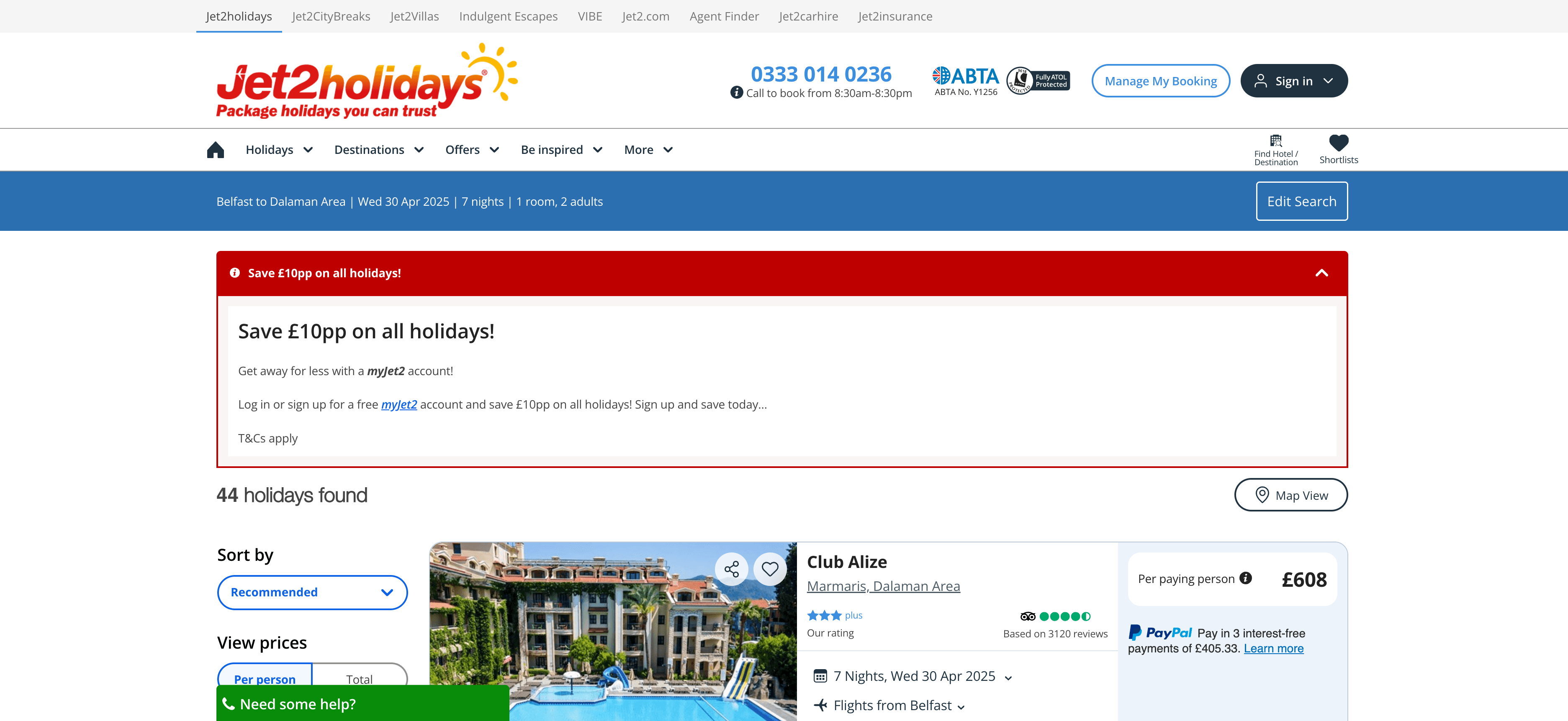 Jet2holidays Destination Search Result Screenshot
