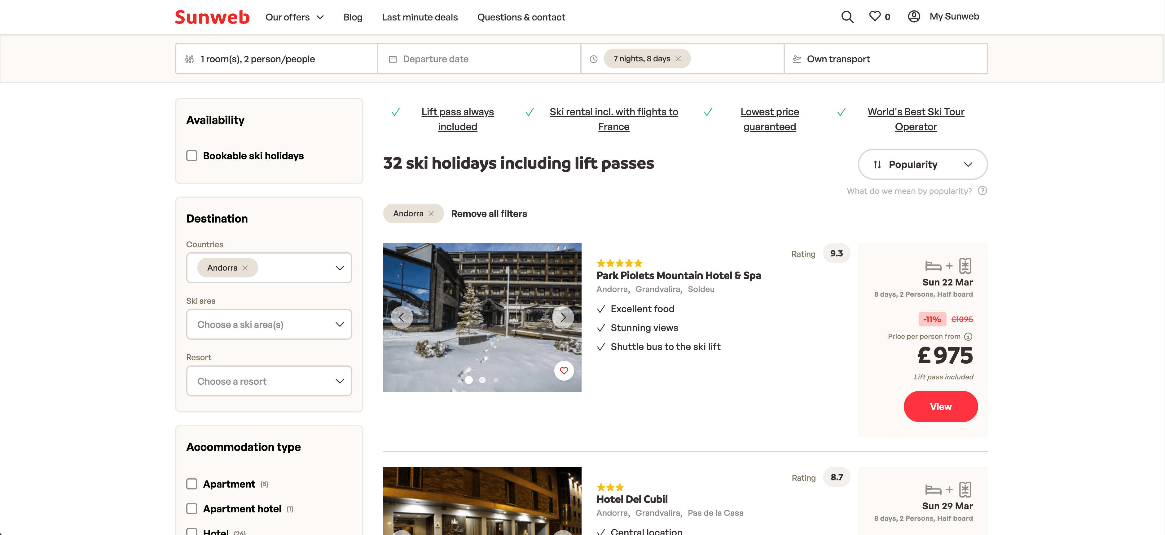 Sunweb Ski Holiday Search Result Screenshot