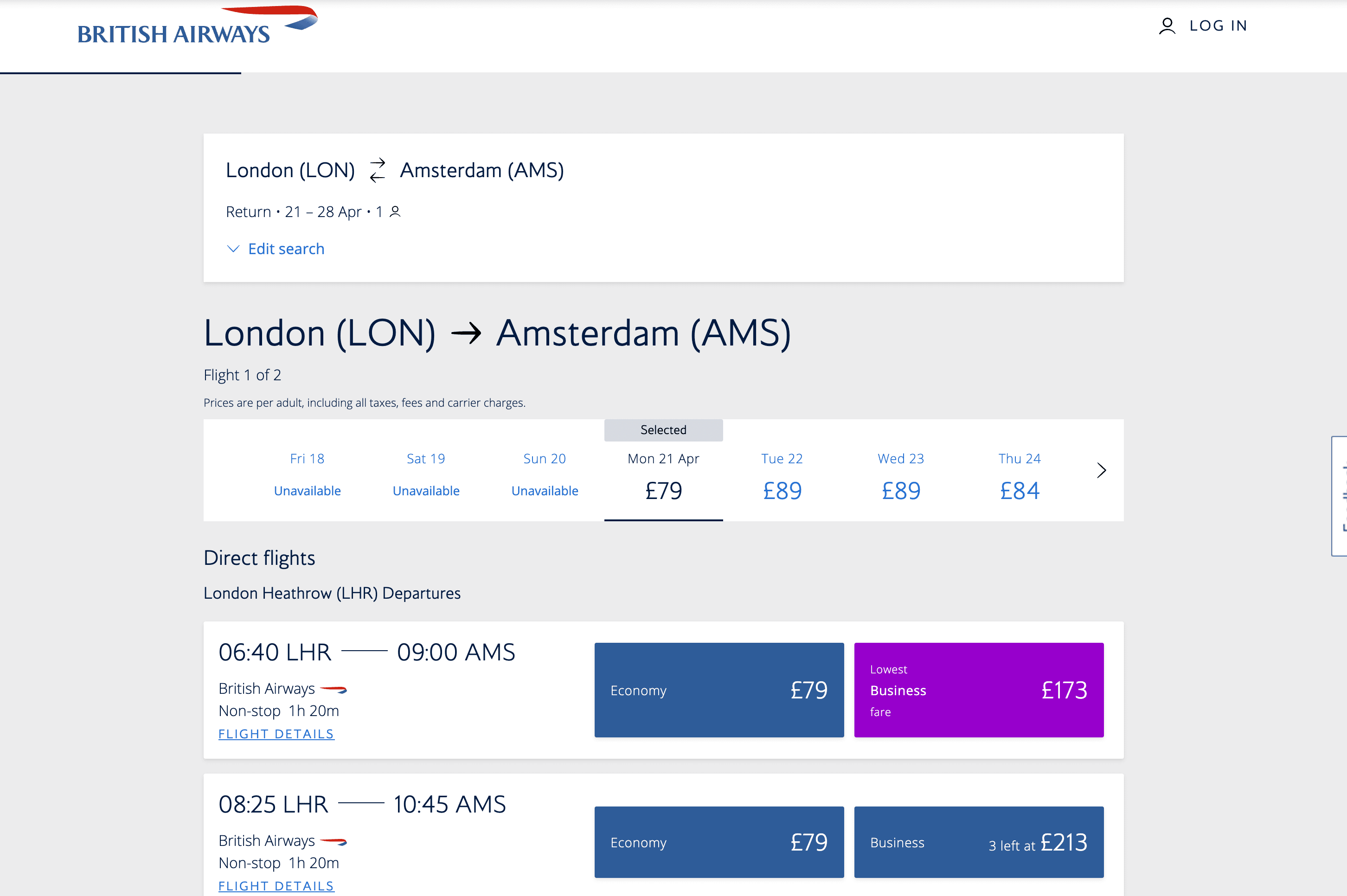 Flight Search Results Screenshot