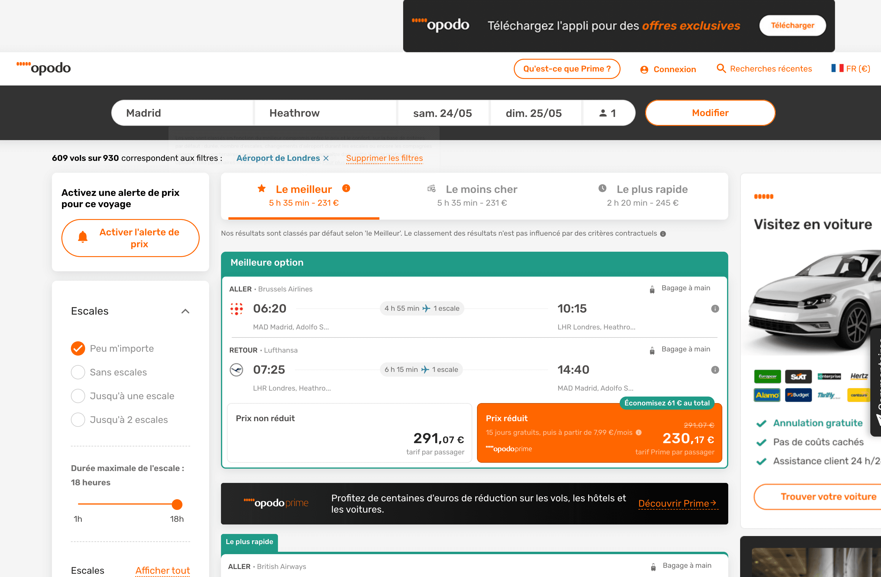 Opodo Flight Search Results Screenshot