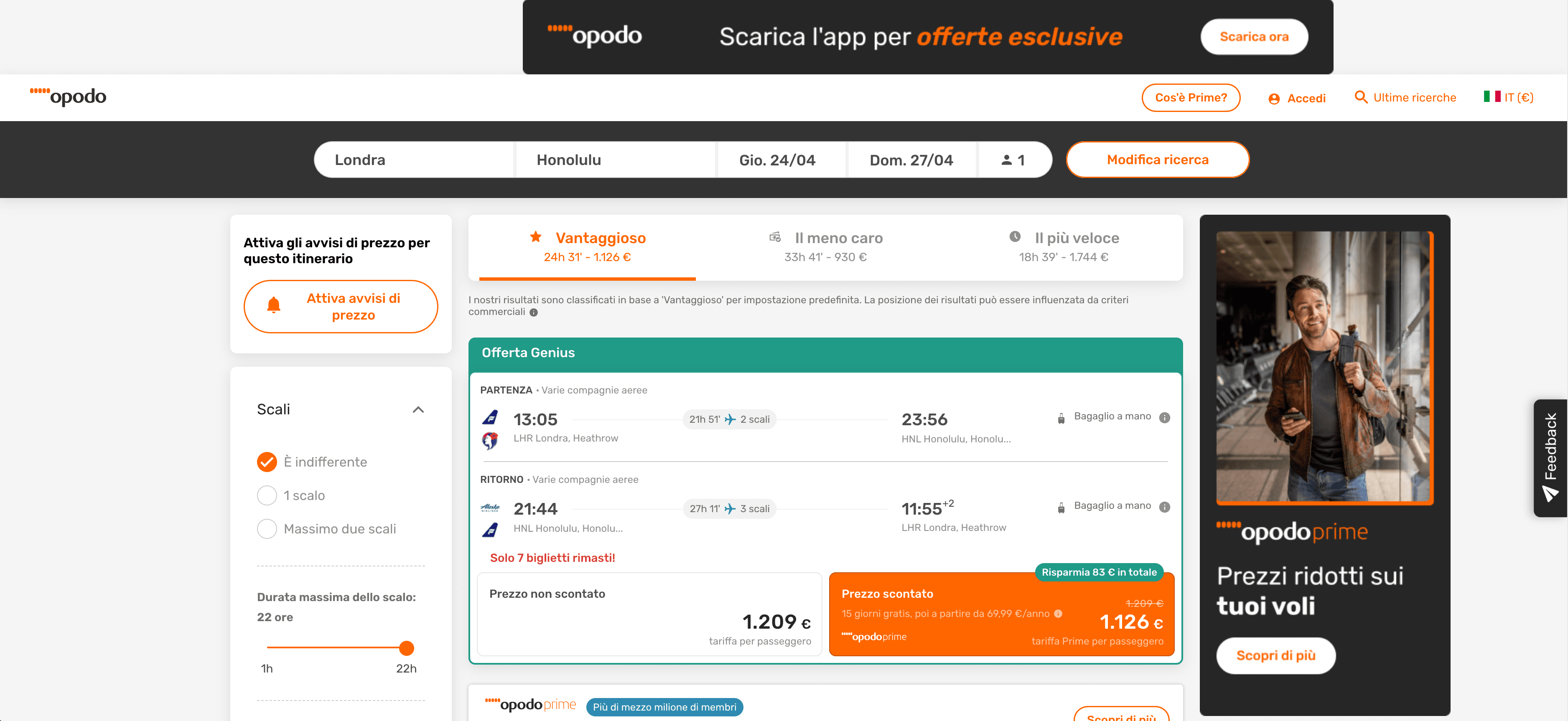 Opodo.it Flight Search Result Screenshot