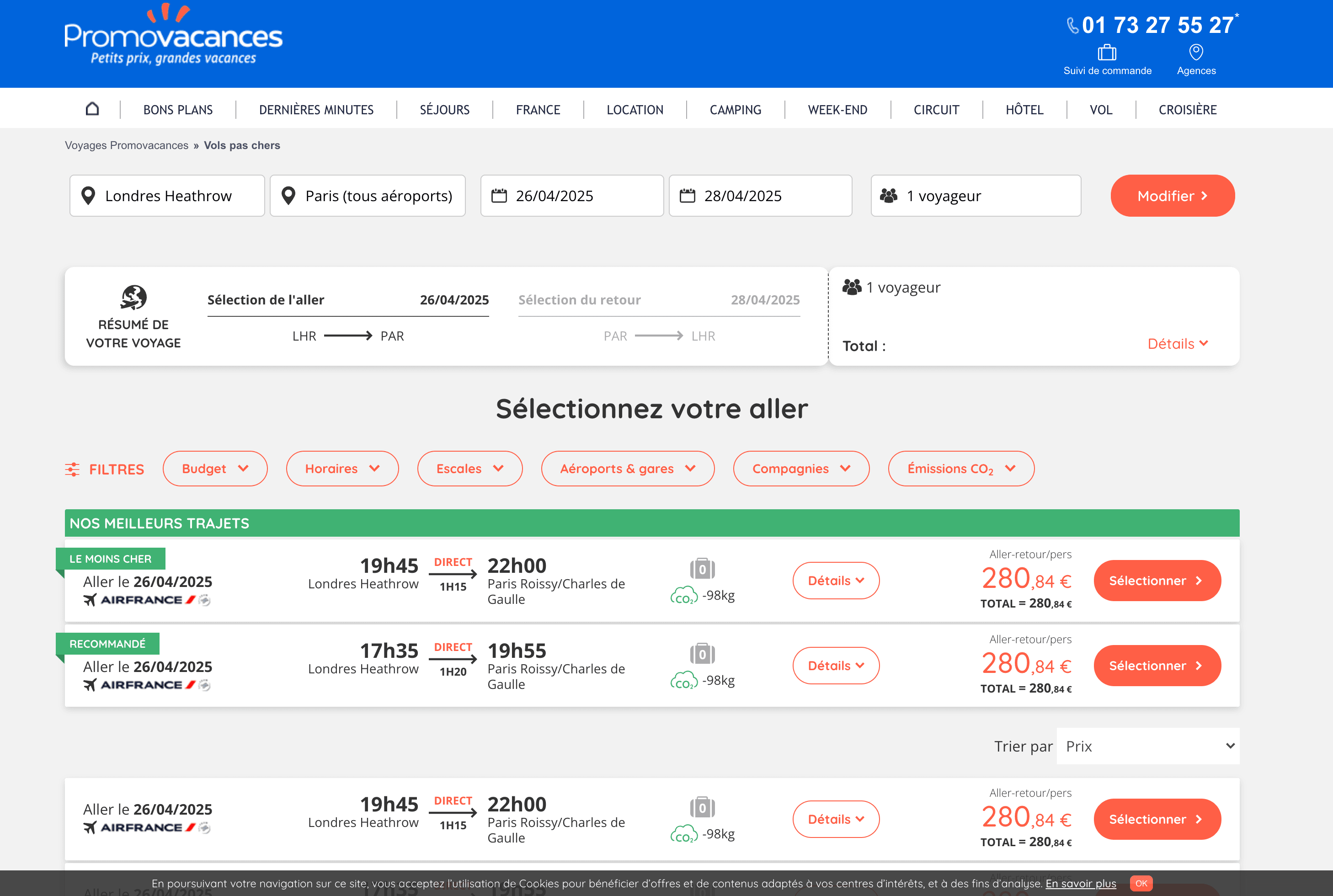 Flight Search Results Screenshot