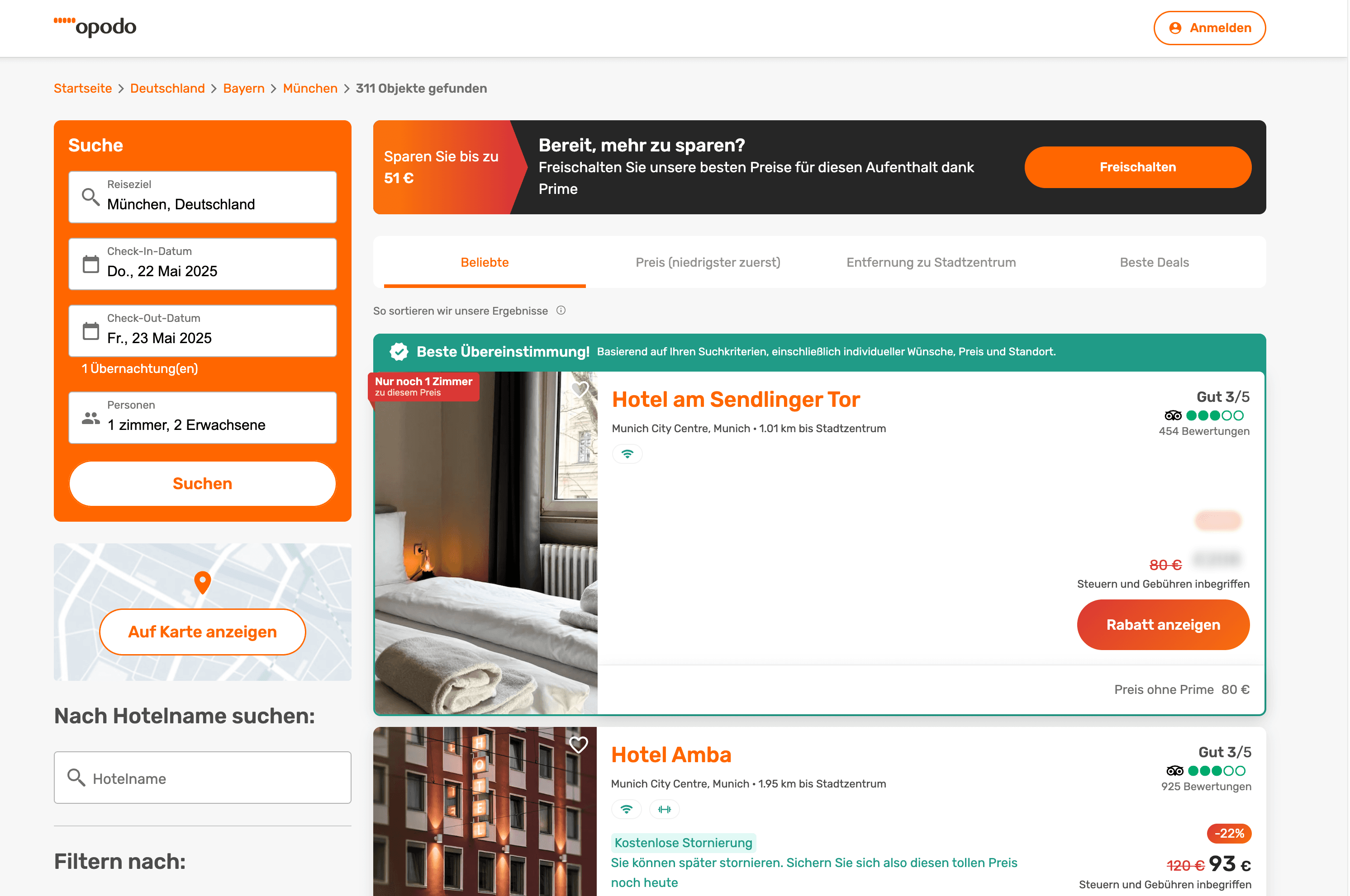 Opodo.de Hotel Search Results Screenshot