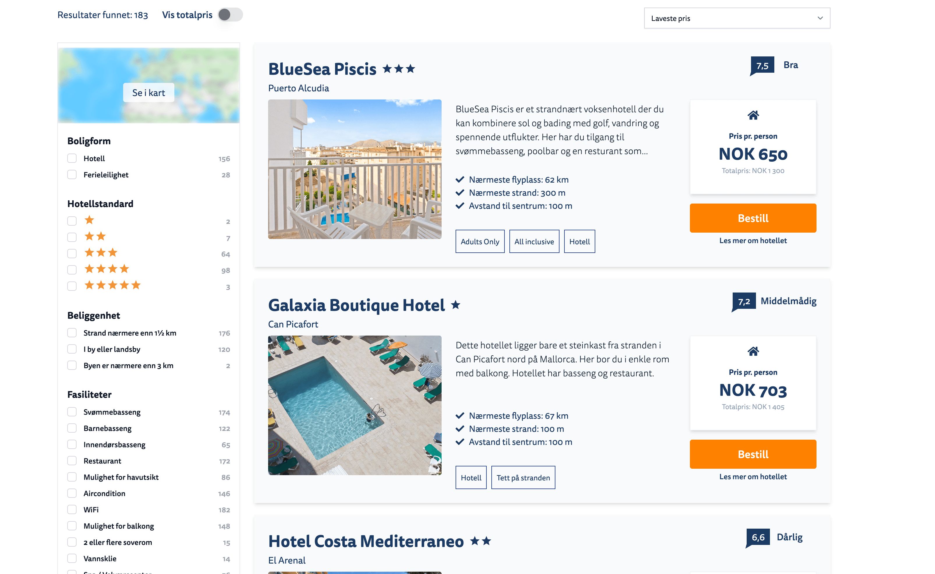 Solfaktor Hotel Search Results Screenshot