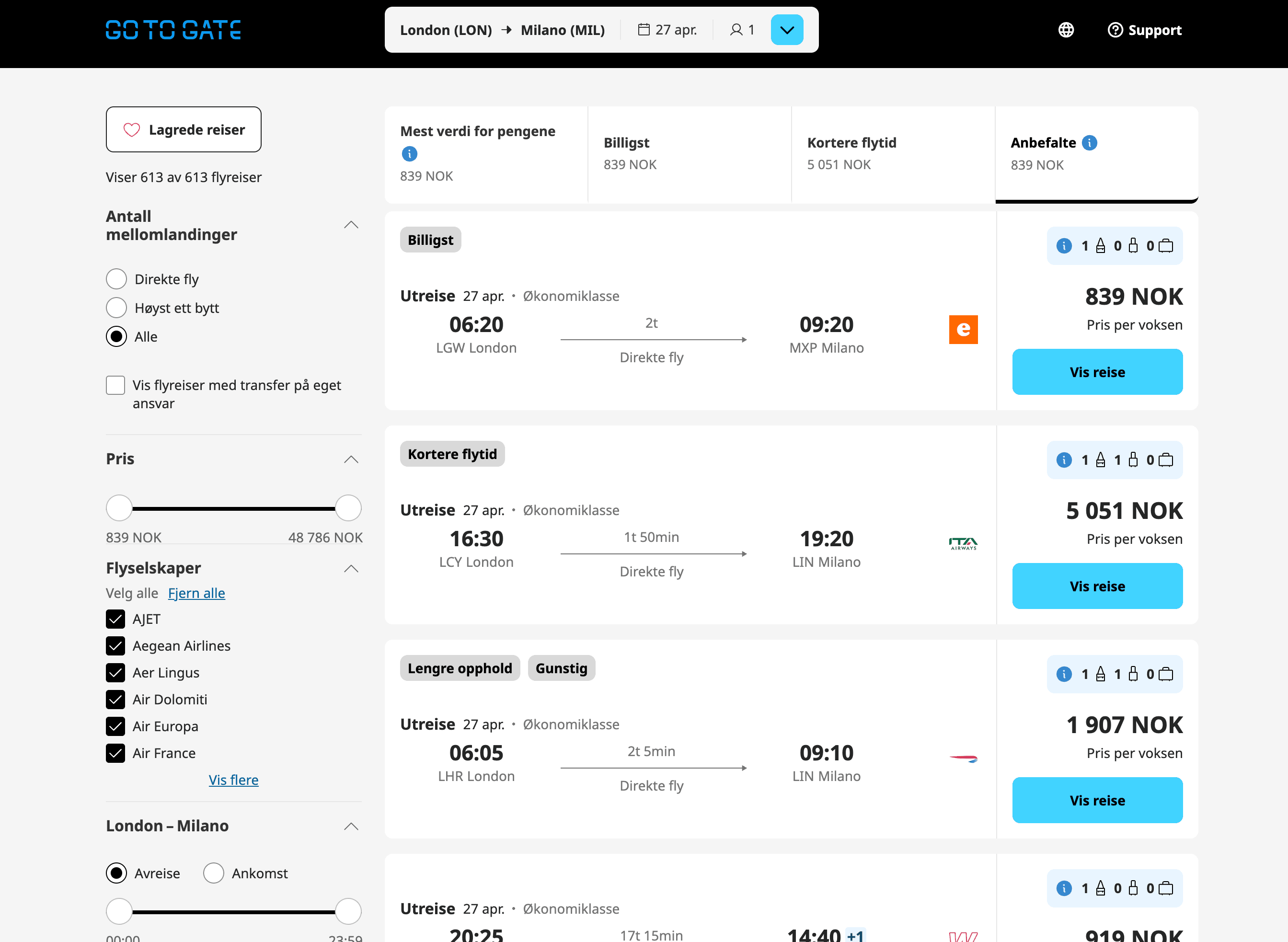 Gotogate Flight Search Results Screenshot