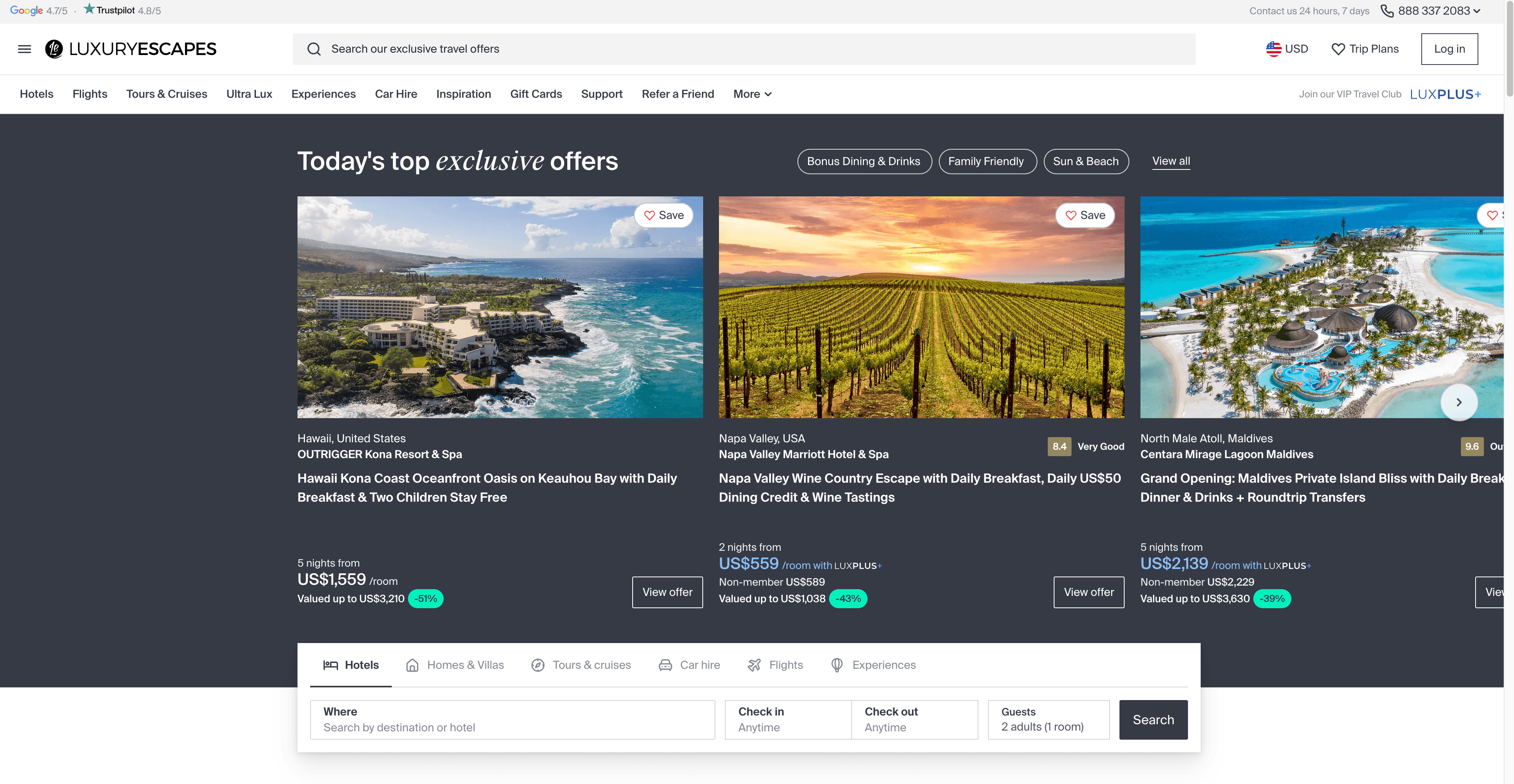 Luxury Escapes Homepage