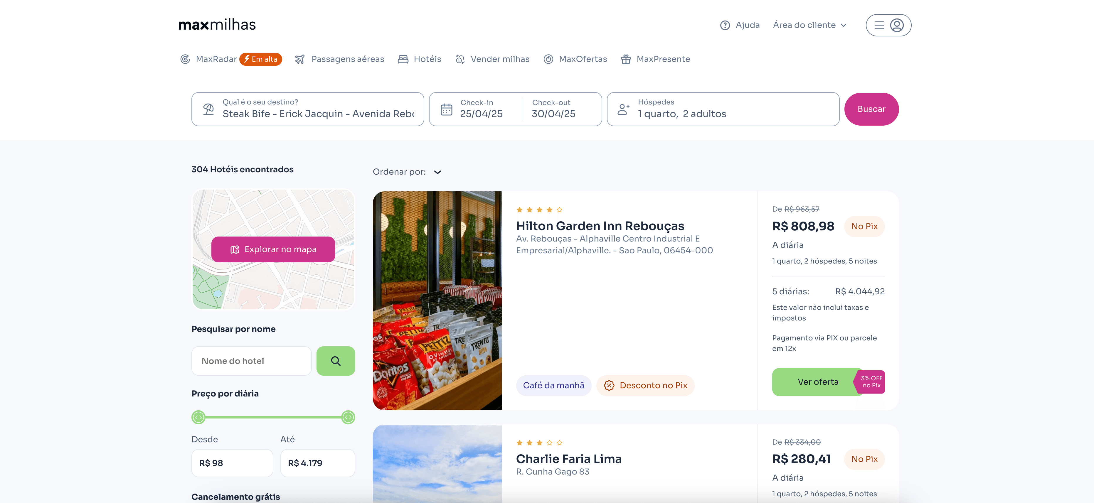 MaxMilhas Hotel Search Result Screenshot