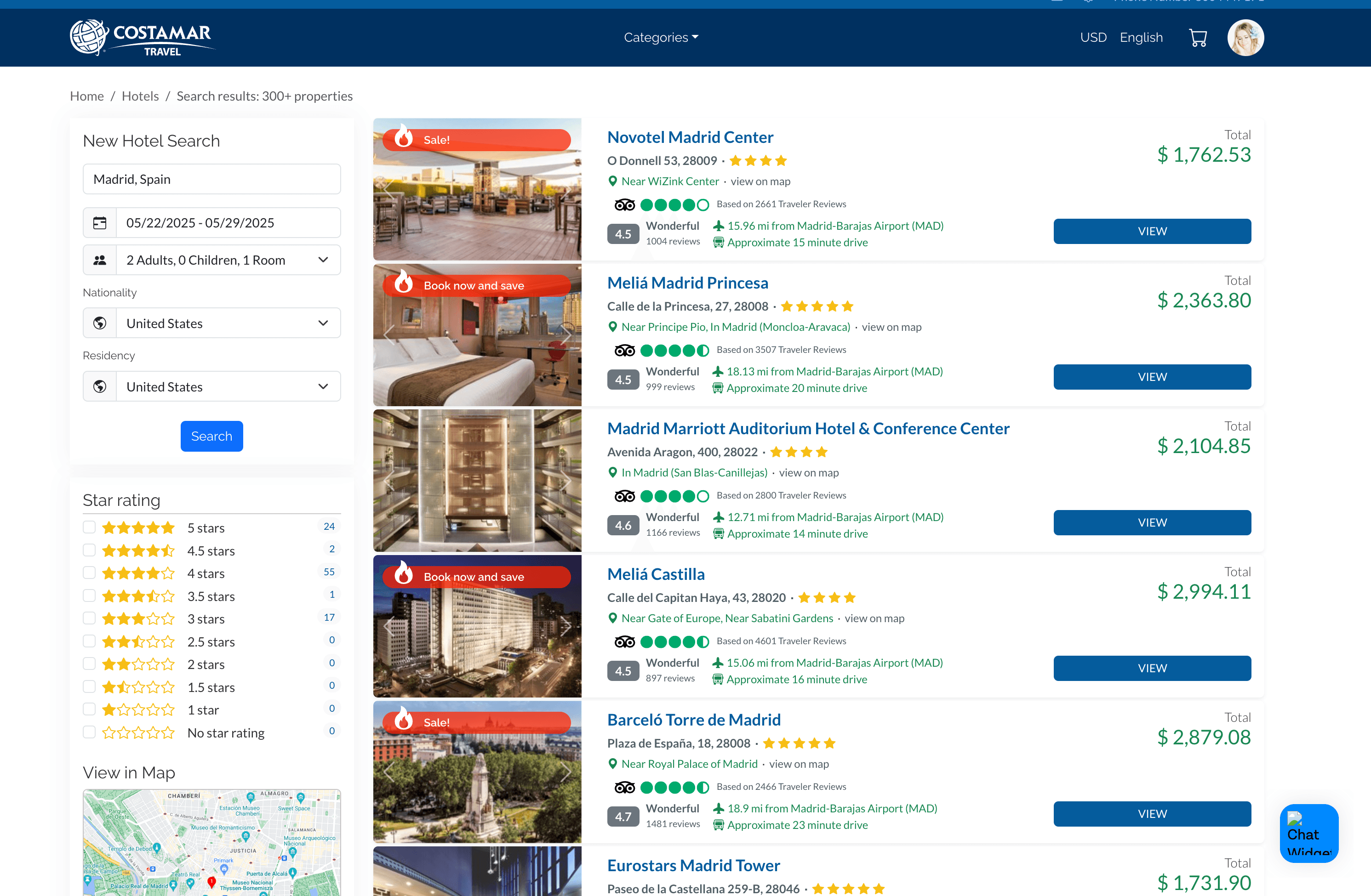 Costamar Hotel Search Results Screenshot
