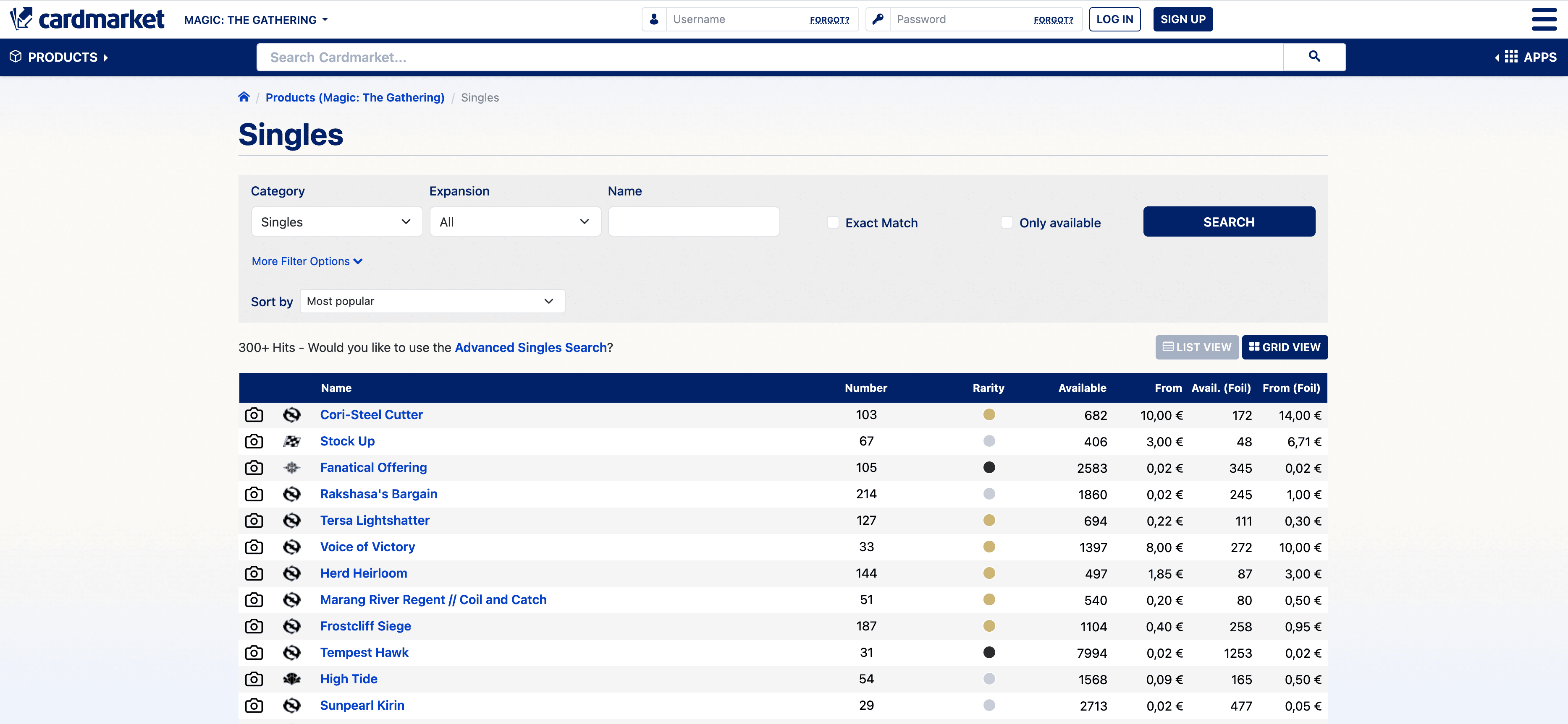 Cardmarket MTG Singles Listing Screenshot