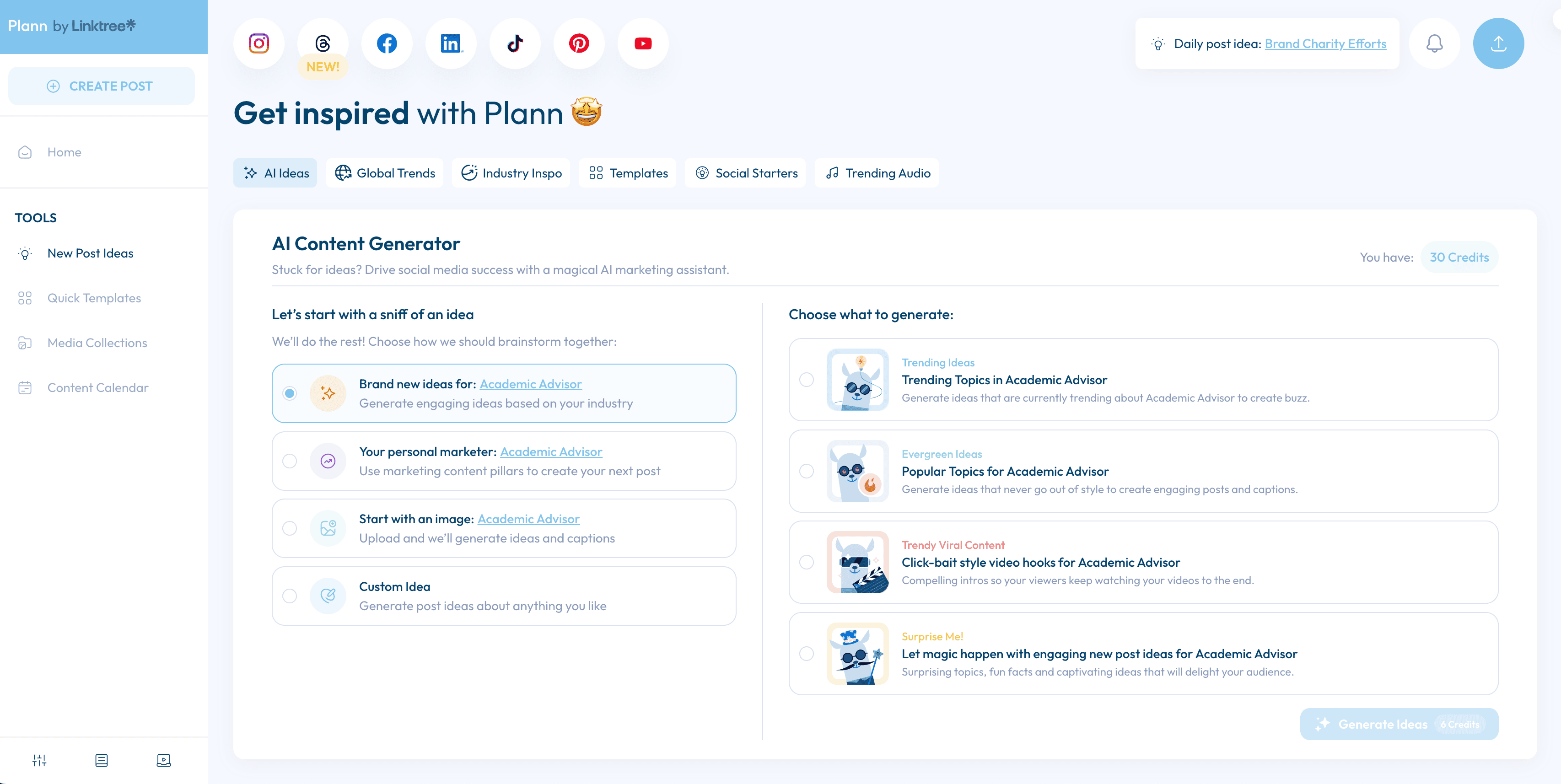Plann AI 內容靈感頁面截圖