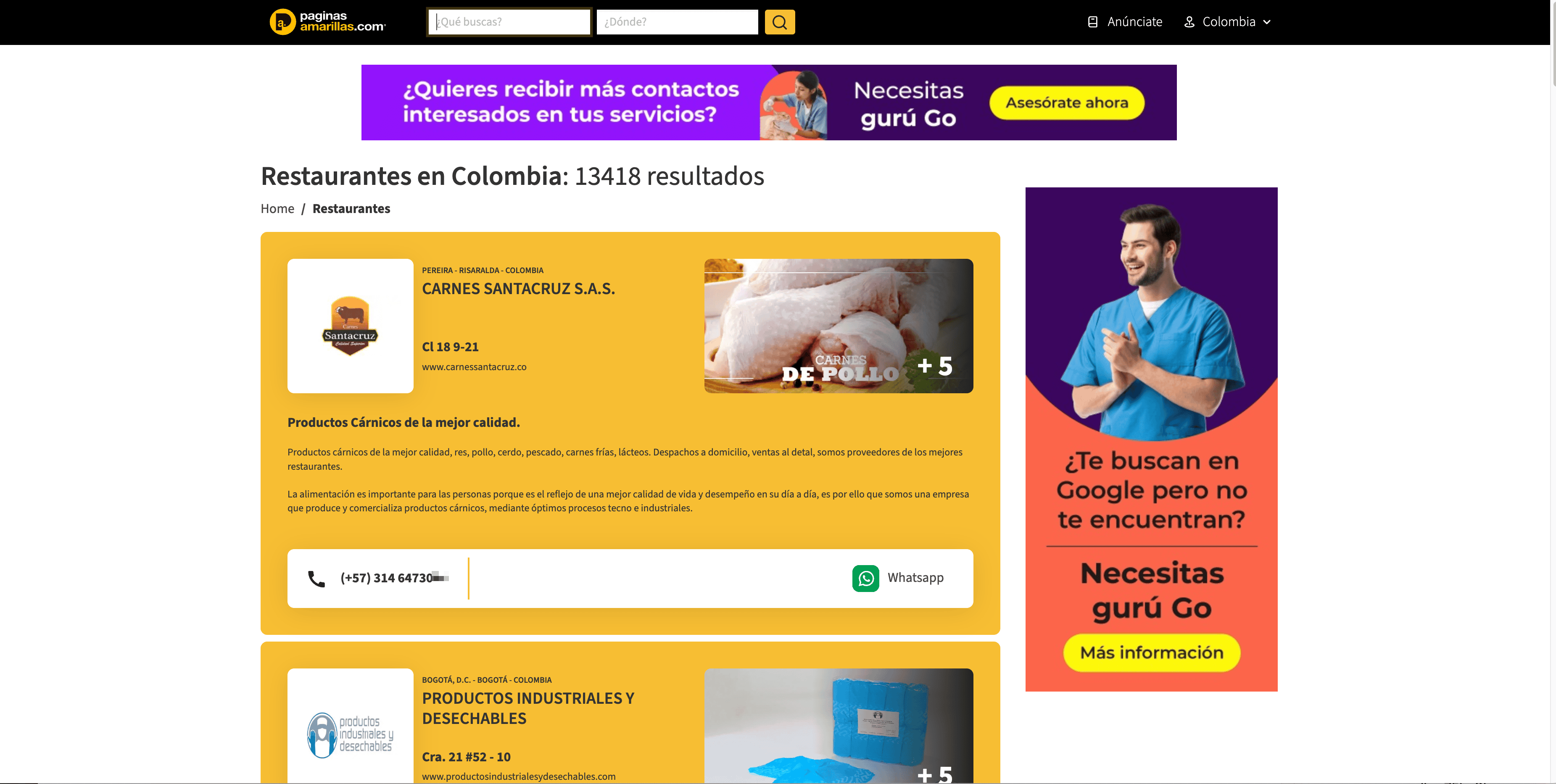 Capture d'écran des résultats de recherche de restaurants