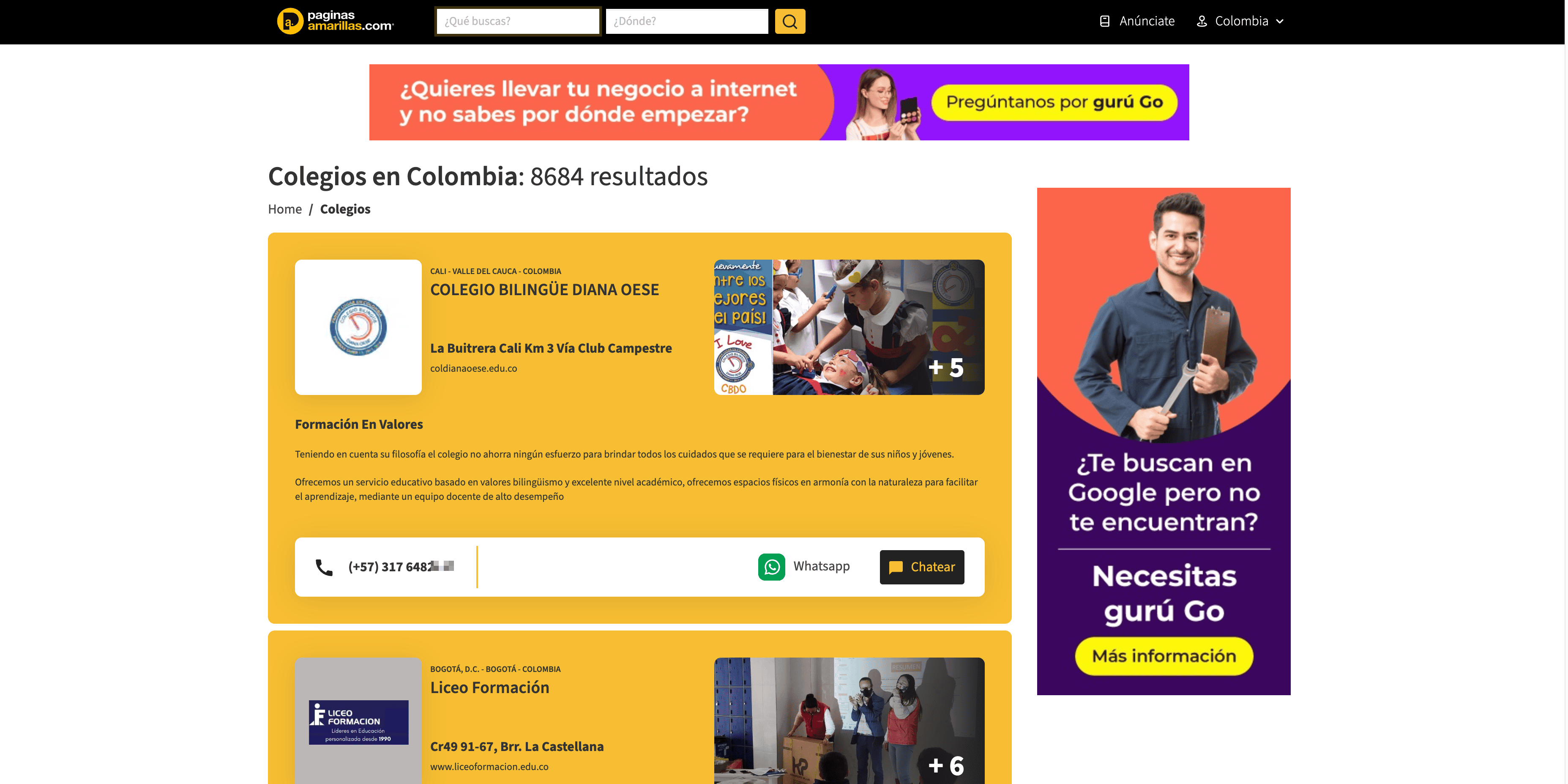 Capture d'écran des résultats de recherche d'écoles