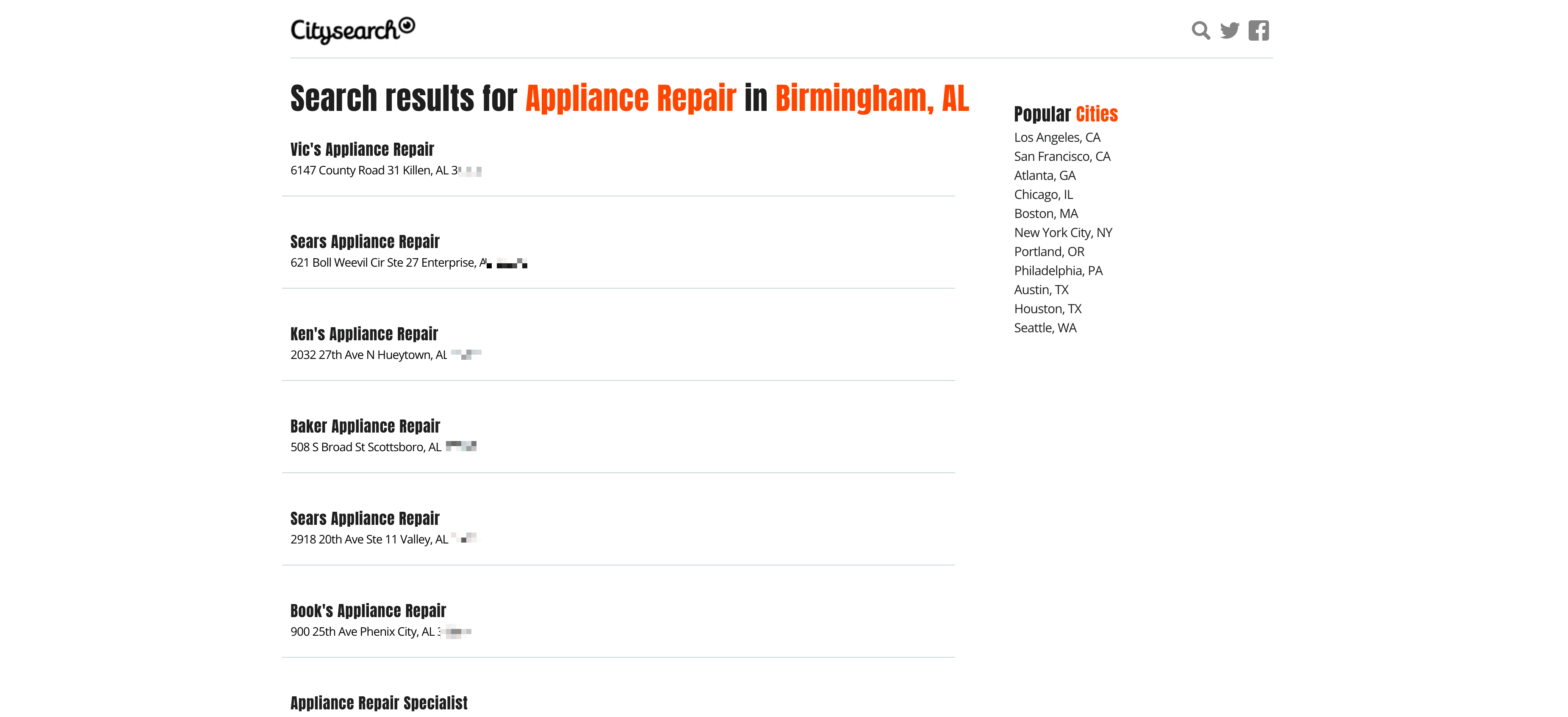 Capture d'écran des résultats de recherche d'entreprises locales