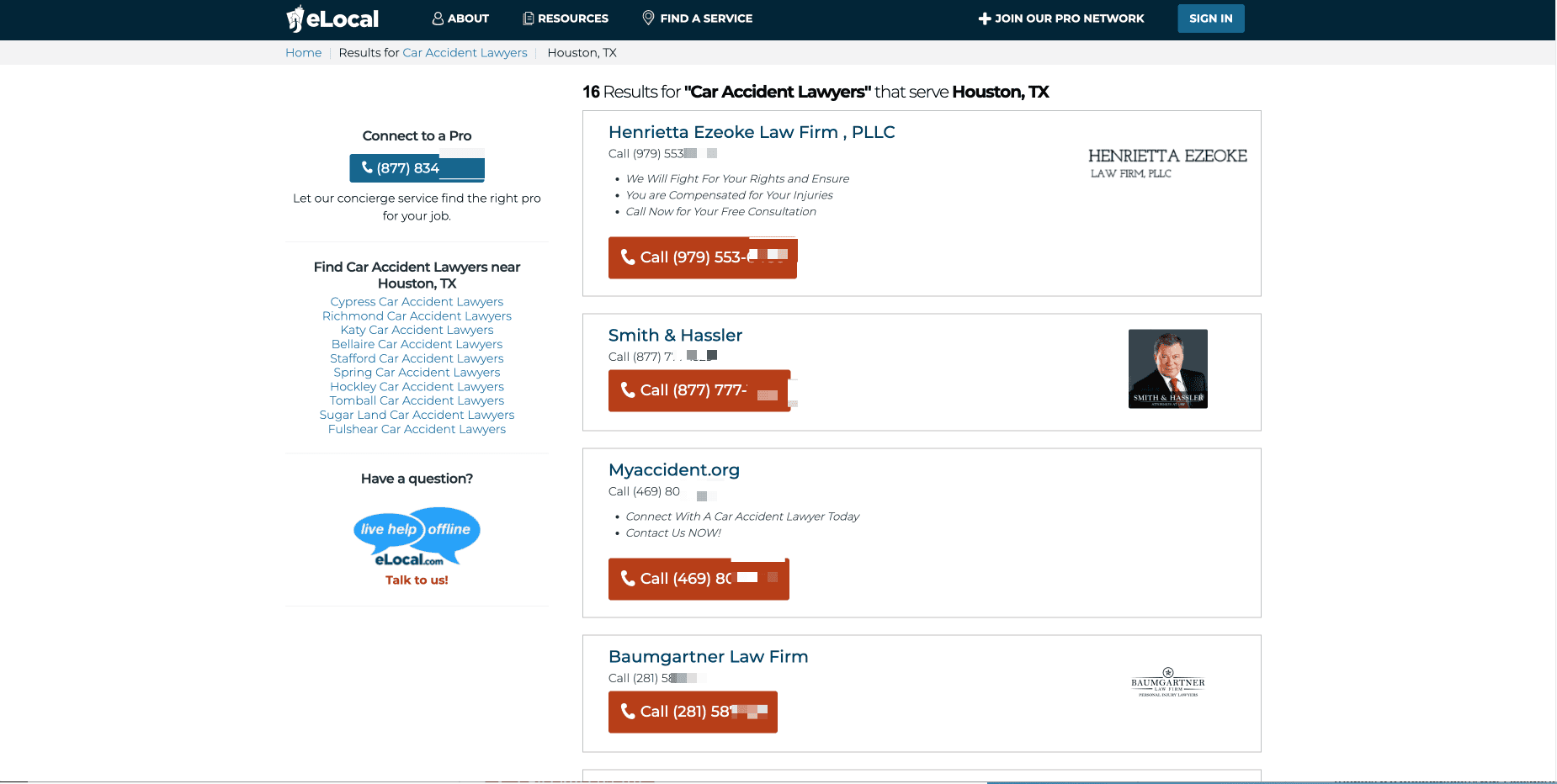 Captura de pantalla del Directorio de Abogados de Accidentes de Tráfico