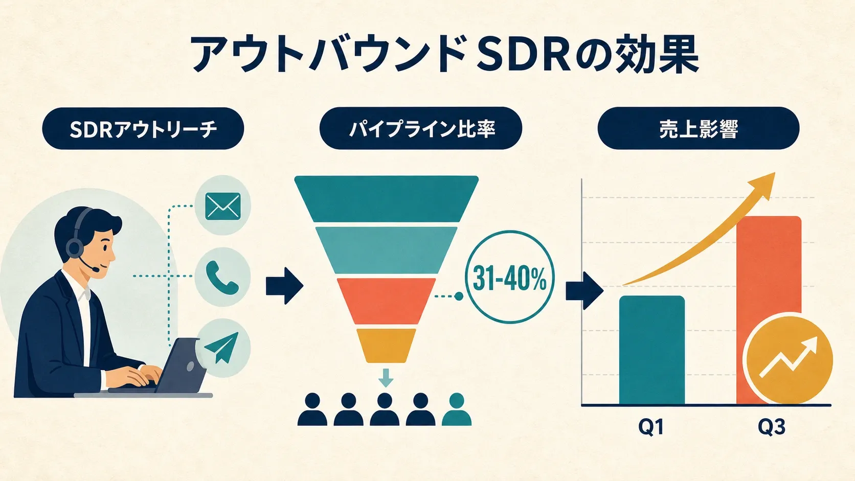 アウトバウンドSDRがパイプラインを牽引する図。アウトリーチのアイコン、31〜40%のパイプライン比率、上昇する売上インパクトのチャートを表示。